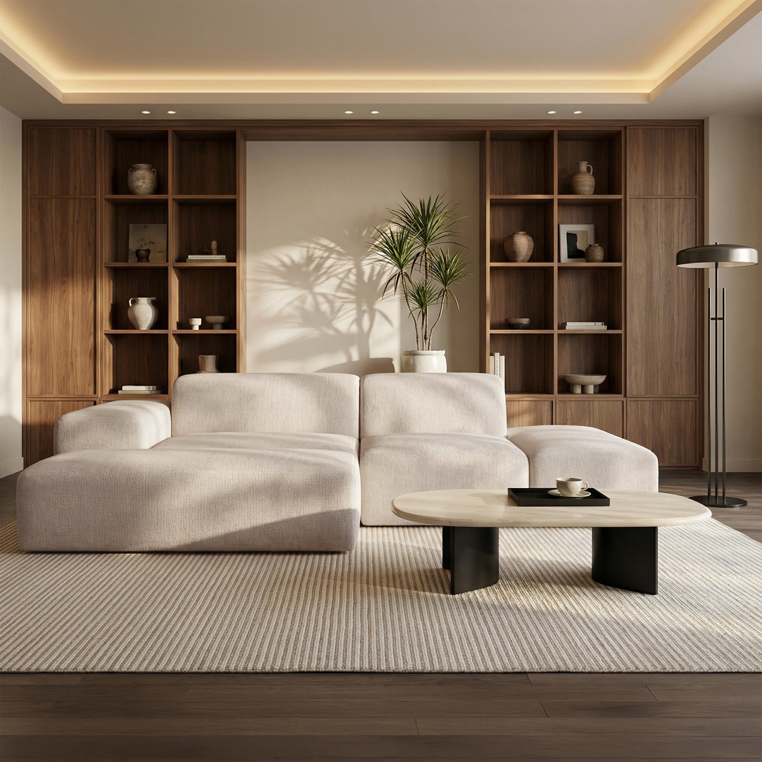 Modulares Ecksofa Pyllomi in L-Form mit Hocker, warmbeige Flechtoptik