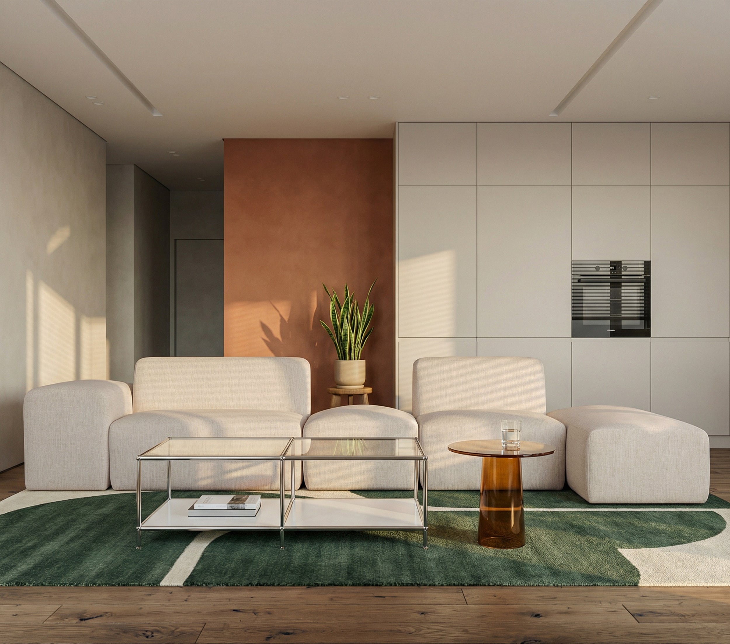 Modulares Ecksofa Pyllomi in L-Form mit Hocker, warmbeige Flechtoptik