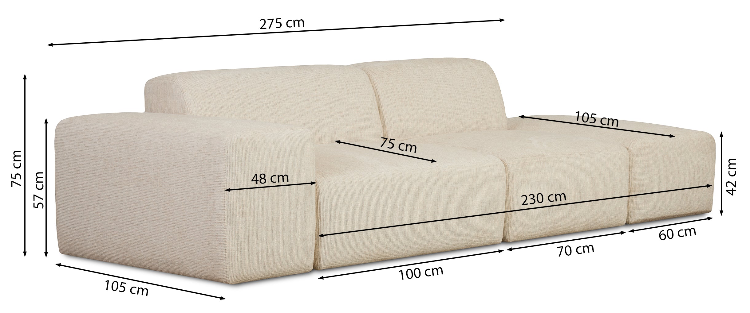 Modulares Sofa Pyllomi mit Hocker, cremefarbenes Geflecht