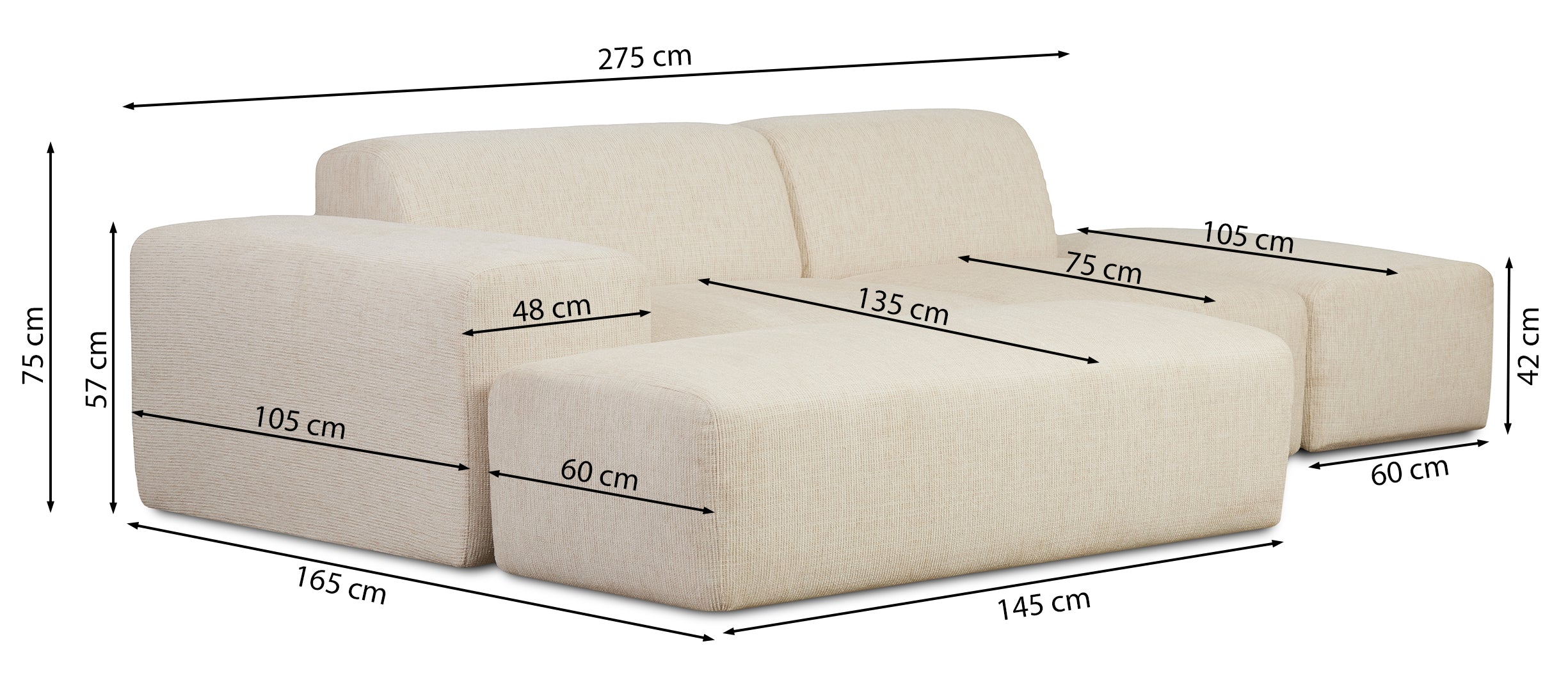 Modulare Eckcouch Pyllomi L-förmig mit Hocker, hellbeige Geflecht