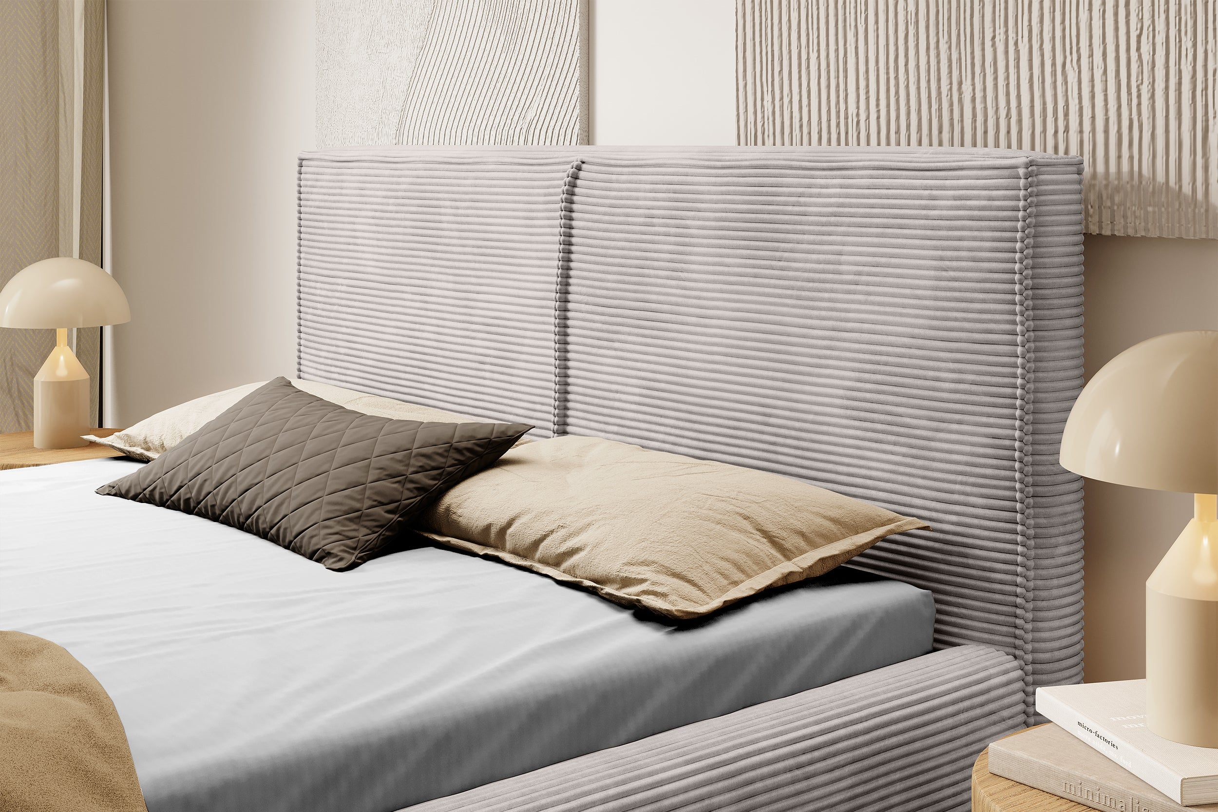 Polsterbett 140x200 cm Farese mit Stauraum und Gasdruckfeder, dunkelbeige Cord