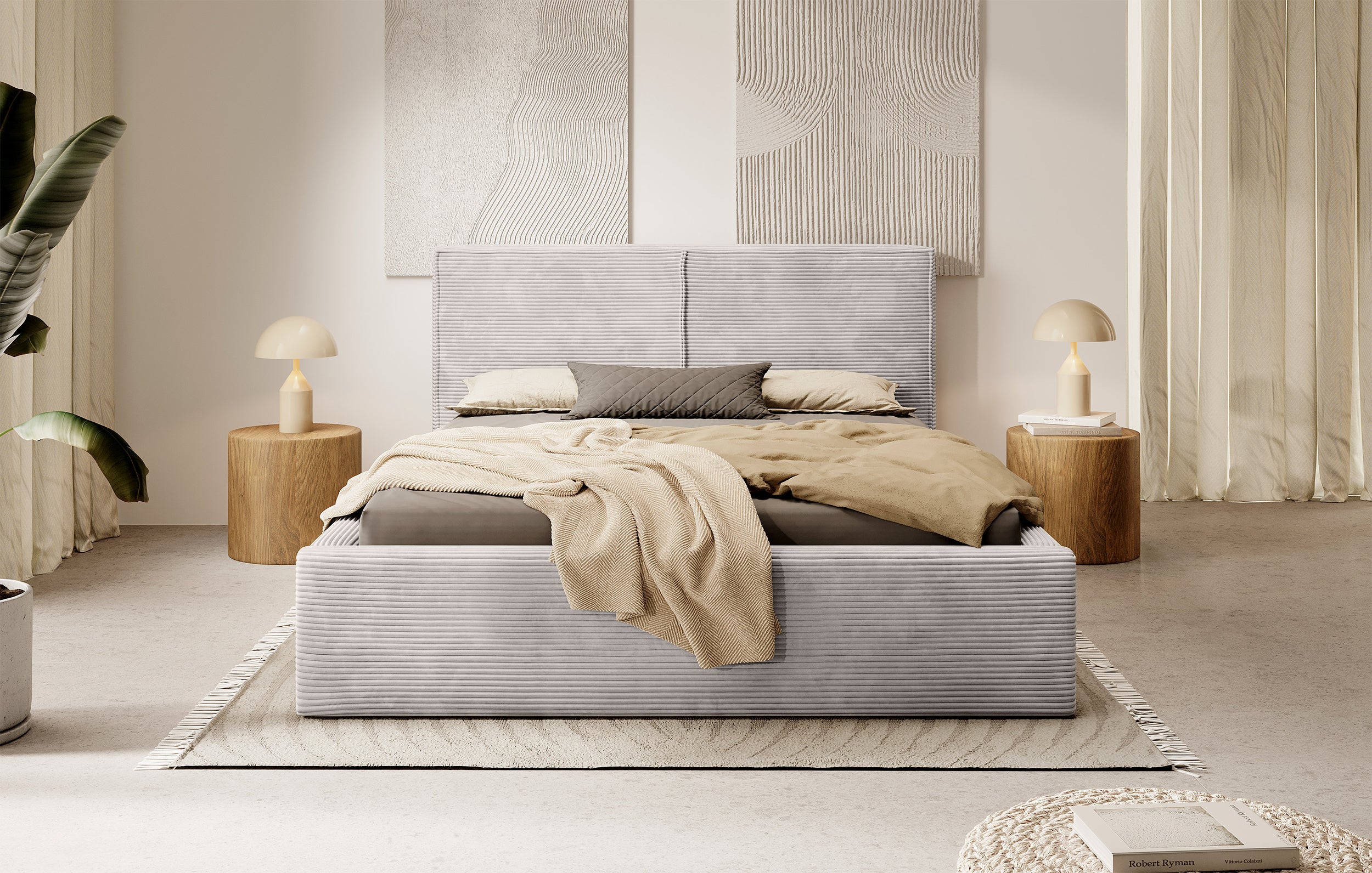 Gepolstertes Bett 160x200 cm Farese mit Stauraum und Gasdruckfeder, dunkelbeiger Cordstoff