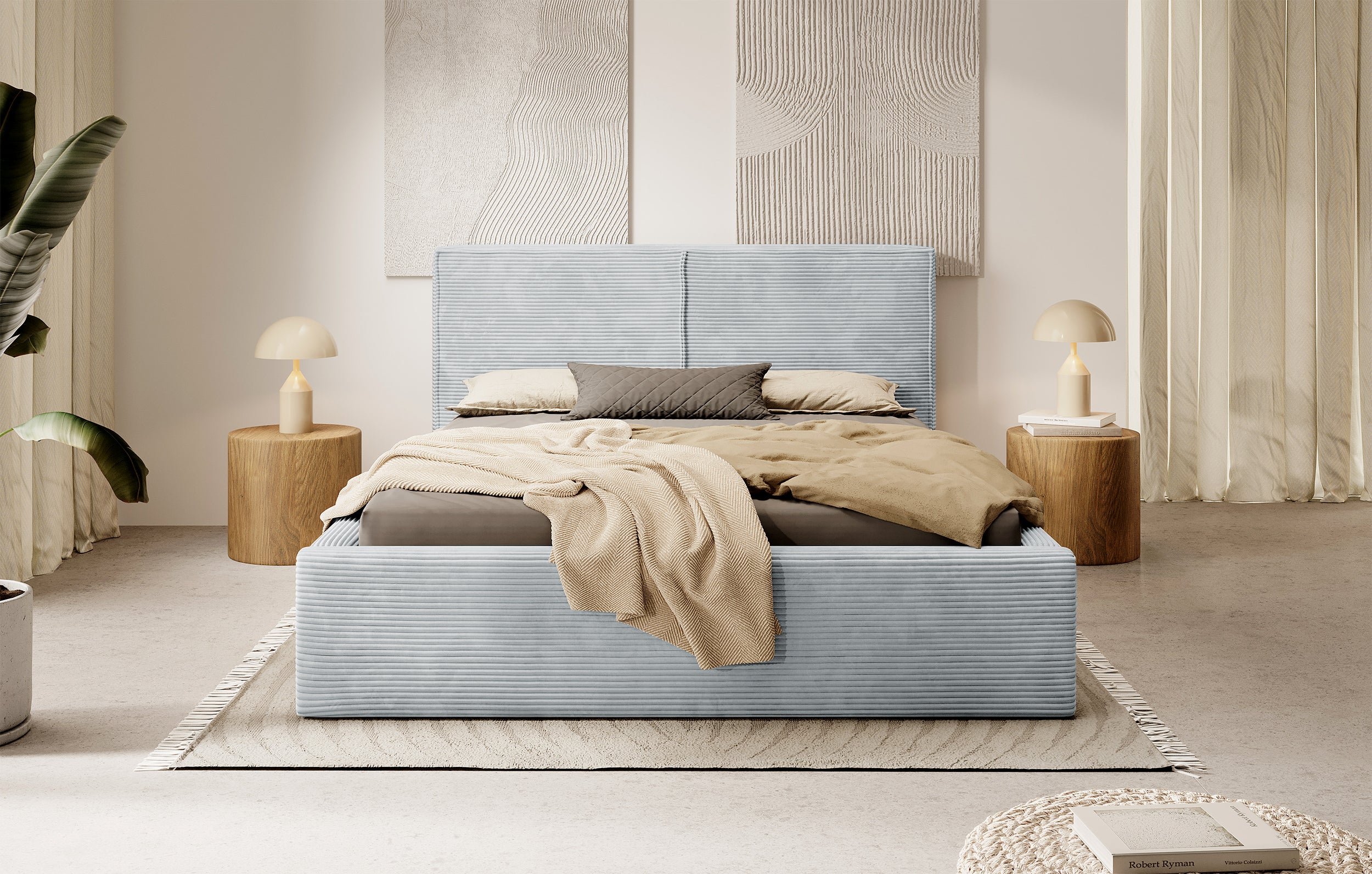 Gepolstertes Bett 160x200 cm Farese mit Stauraum und Gasdruckfeder, hellgrauer Cordstoff