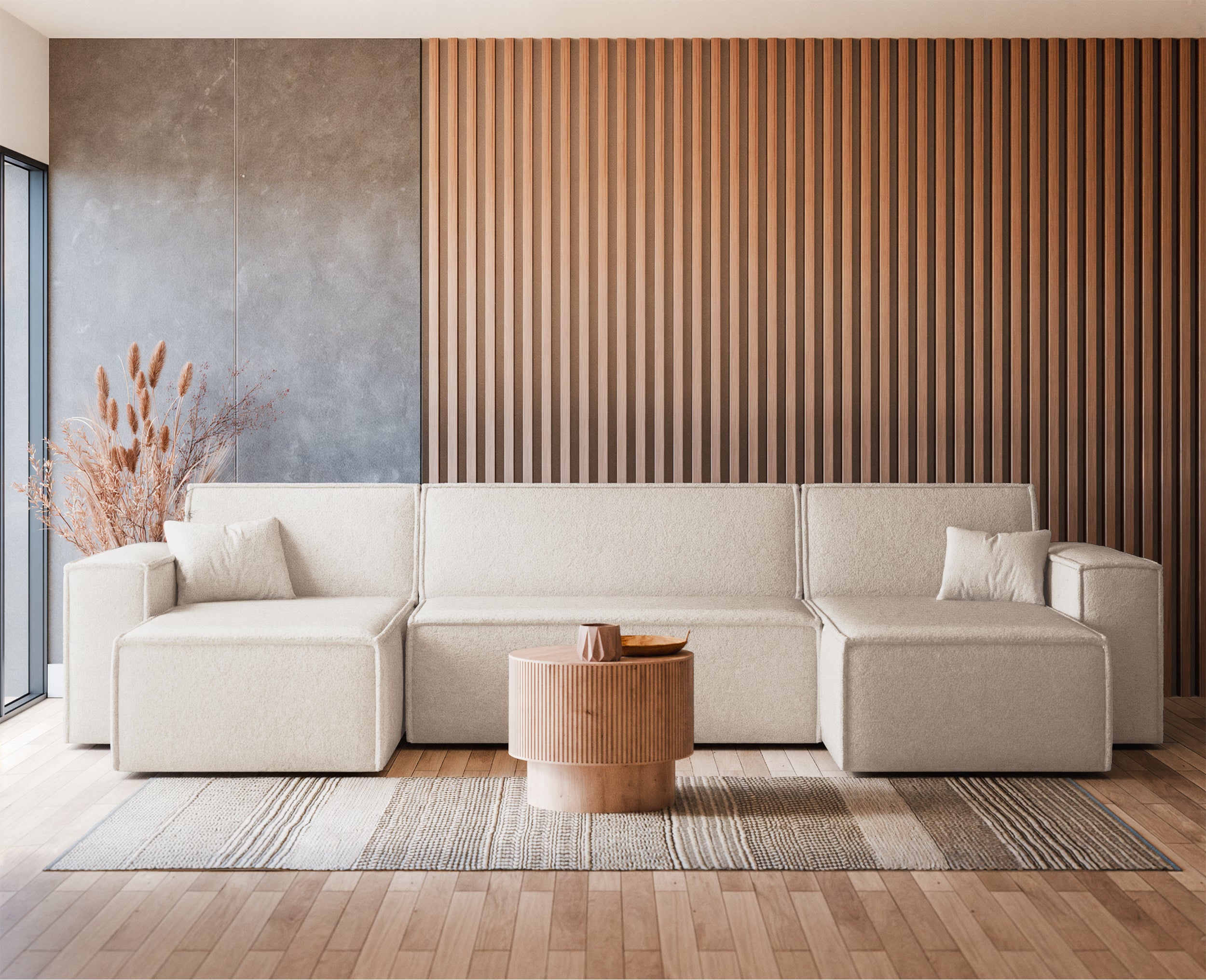 U-förmiges Ecksofa Scarlo mit Schlaffunktion, universell, mit Stauraum, cremefarbenes Bouclé