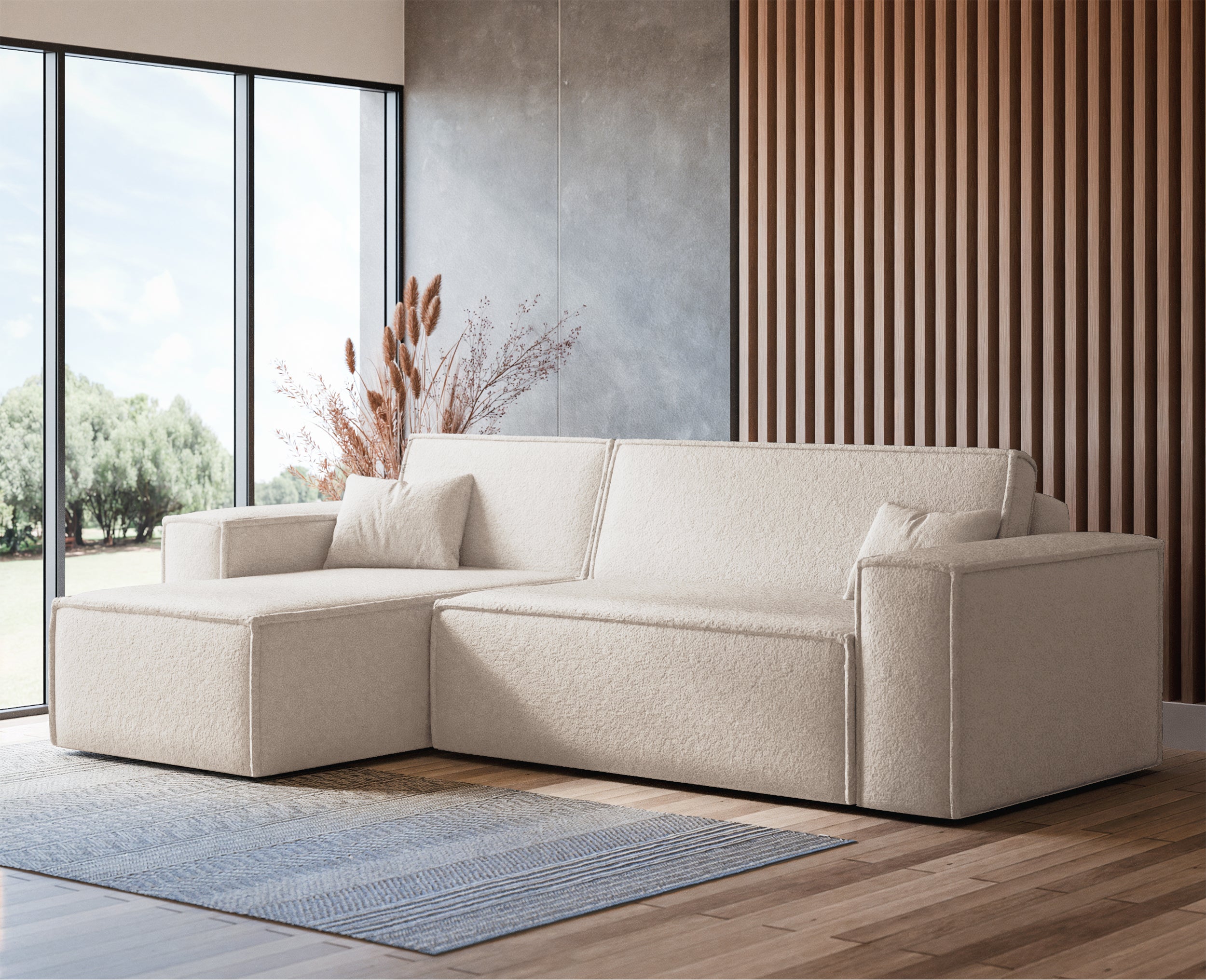 Ecksofa mit Schlaffunktion Scarlo, L-förmig, universell, mit Stauraum, cremefarbenes Bouclé