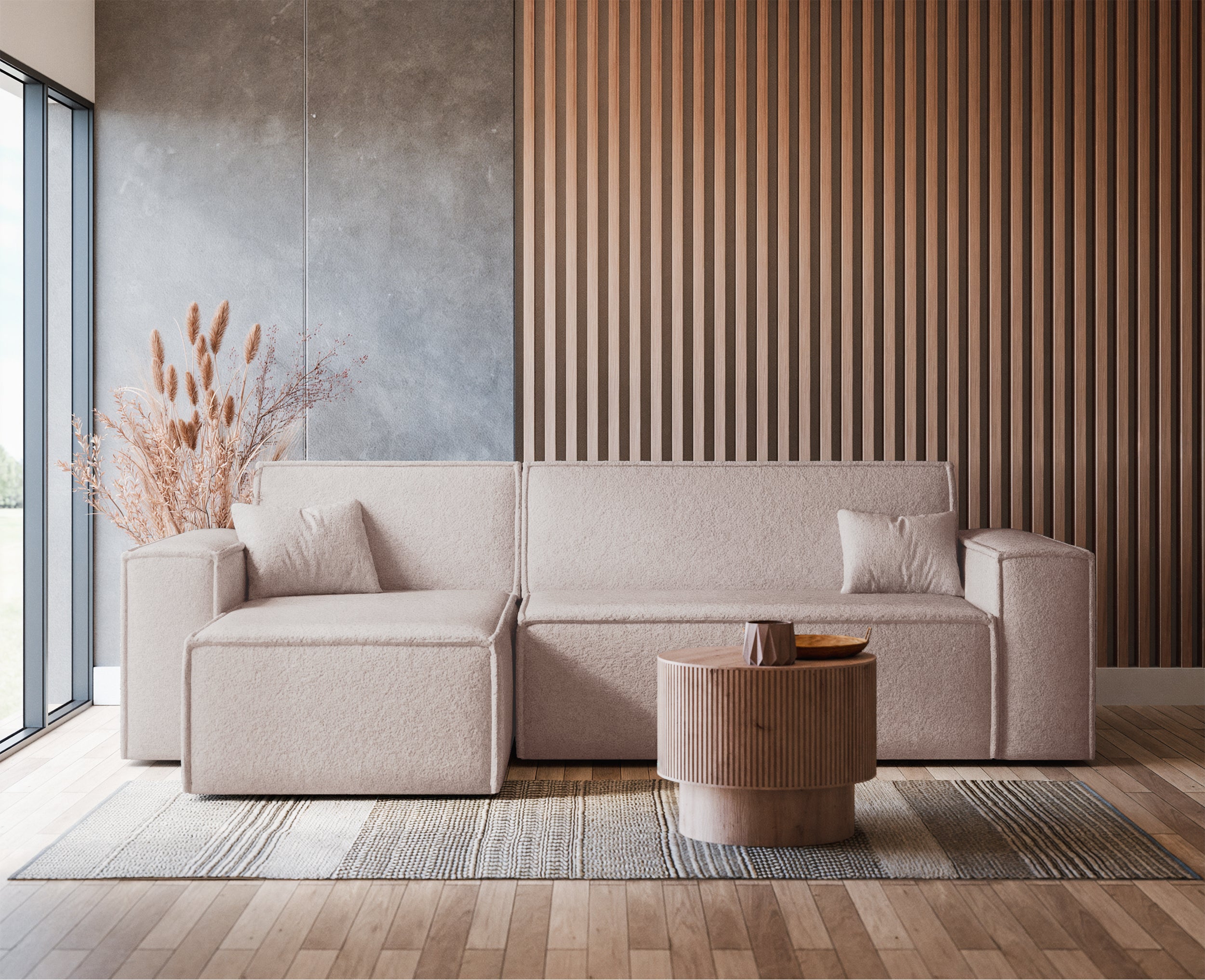 Ecksofa mit Schlaffunktion Scarlo, L-förmig, universell, mit Stauraum, hellbeiger Bouclé-Stoff