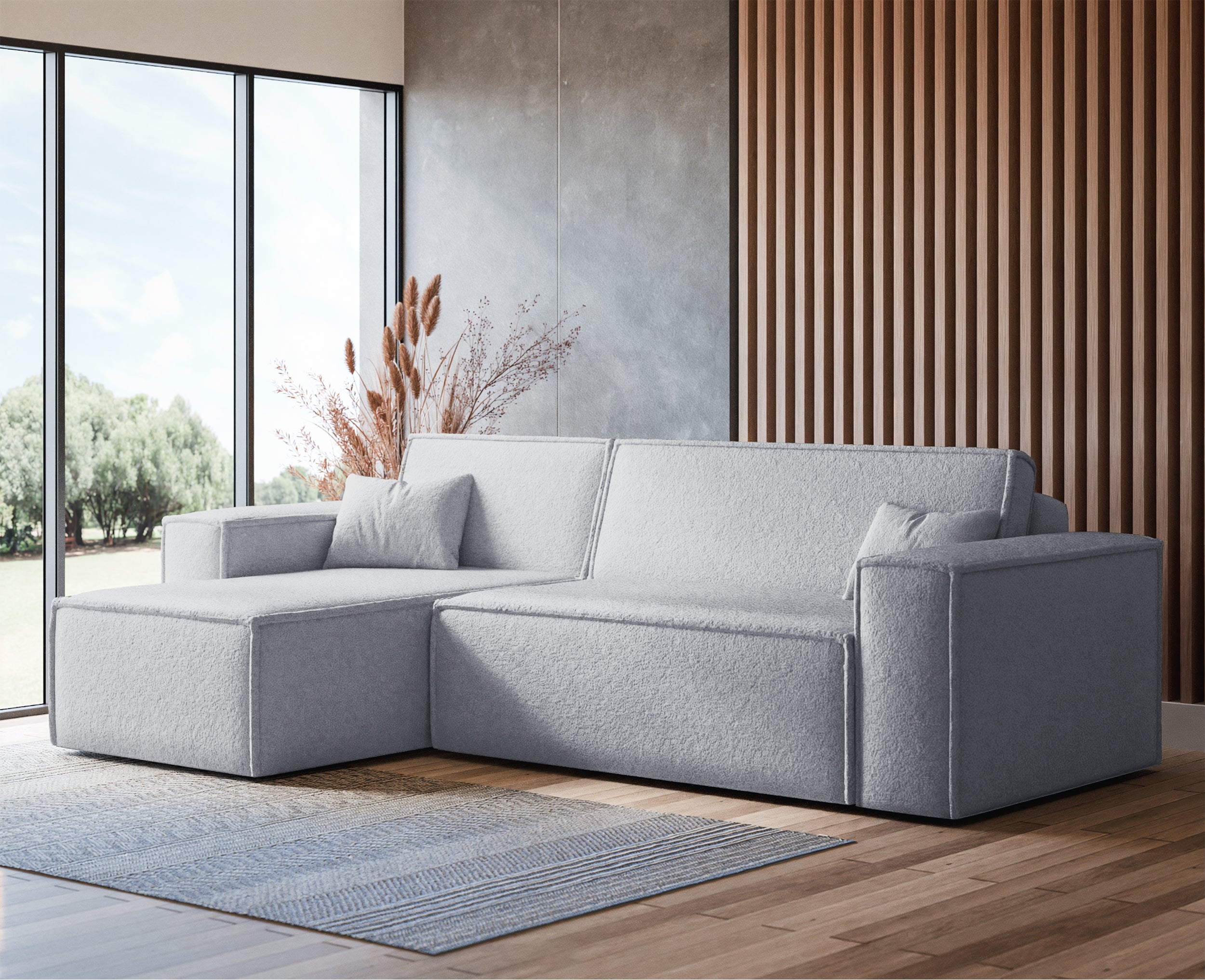 Ecksofa mit Schlafunktion Scarlo, L-förmig, universell, mit Stauraum, hellgrauer Bouclé-Stoff
