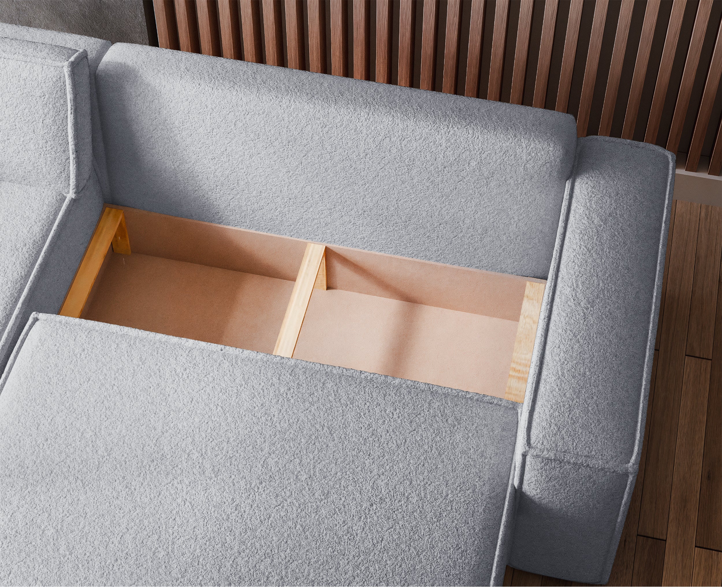 Ecksofa mit Schlafunktion Scarlo, L-förmig, universell, mit Stauraum, hellgrauer Bouclé-Stoff