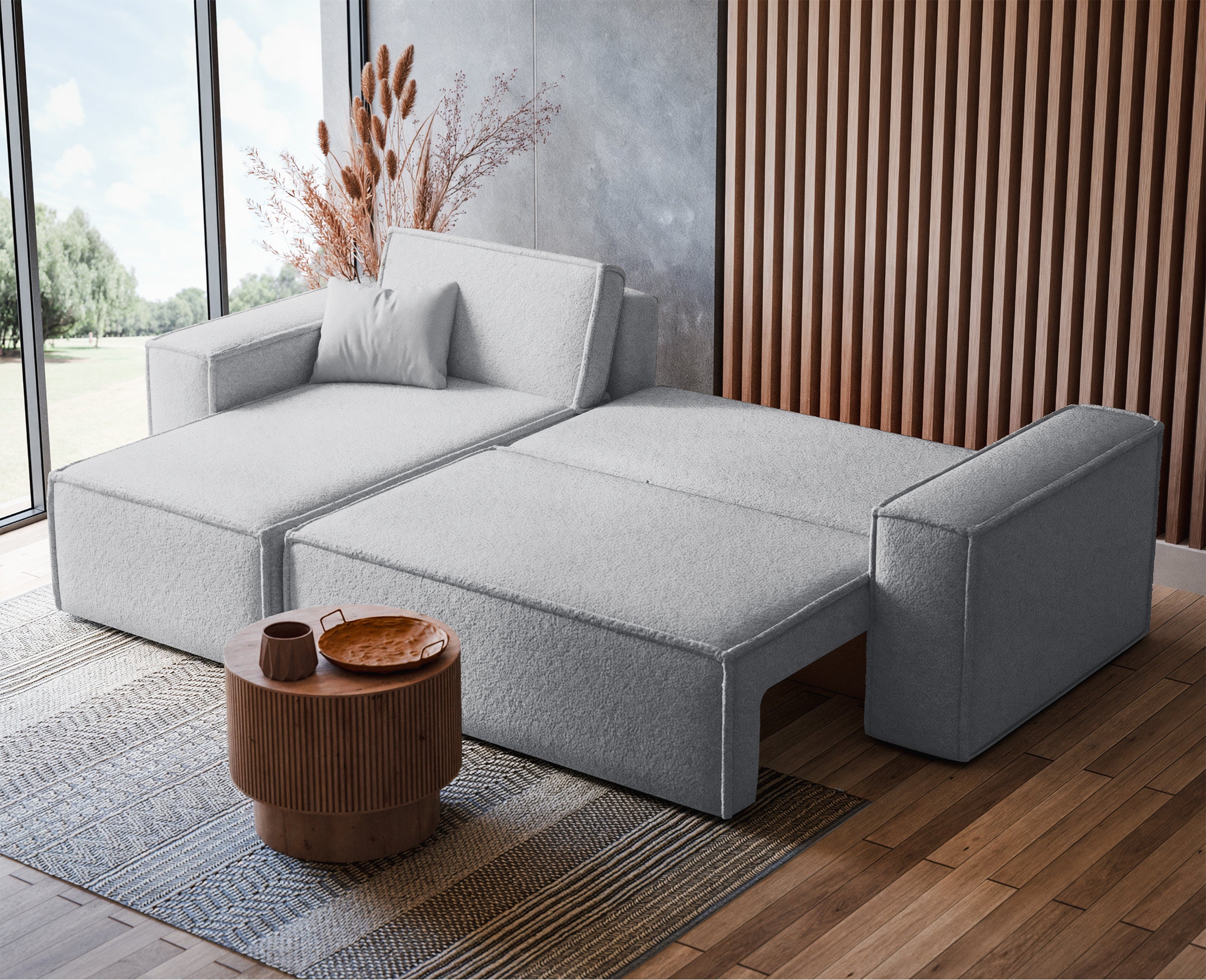 Ecksofa mit Schlafunktion Scarlo, L-förmig, universell, mit Stauraum, hellgrauer Bouclé-Stoff
