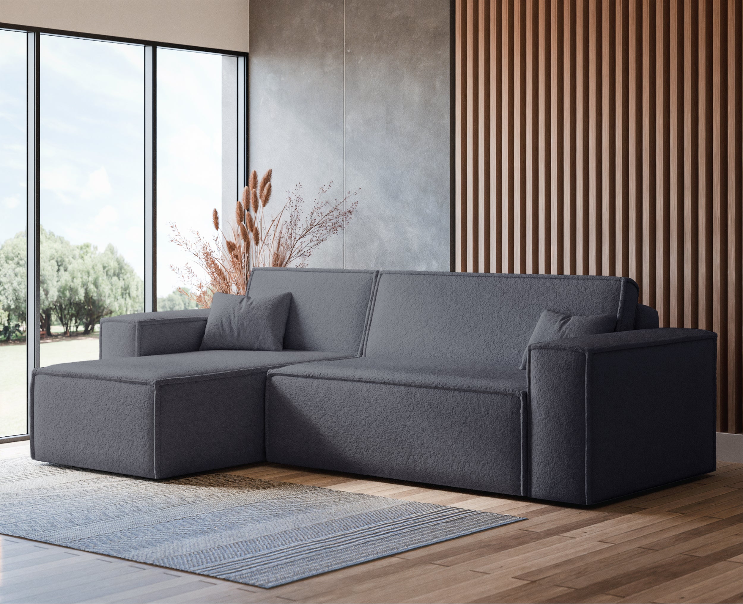 Ecksofa mit Schlaffunktion Scarlo, universell L-förmig, mit Stauraum, dunkelgrauer Bouclé-Stoff