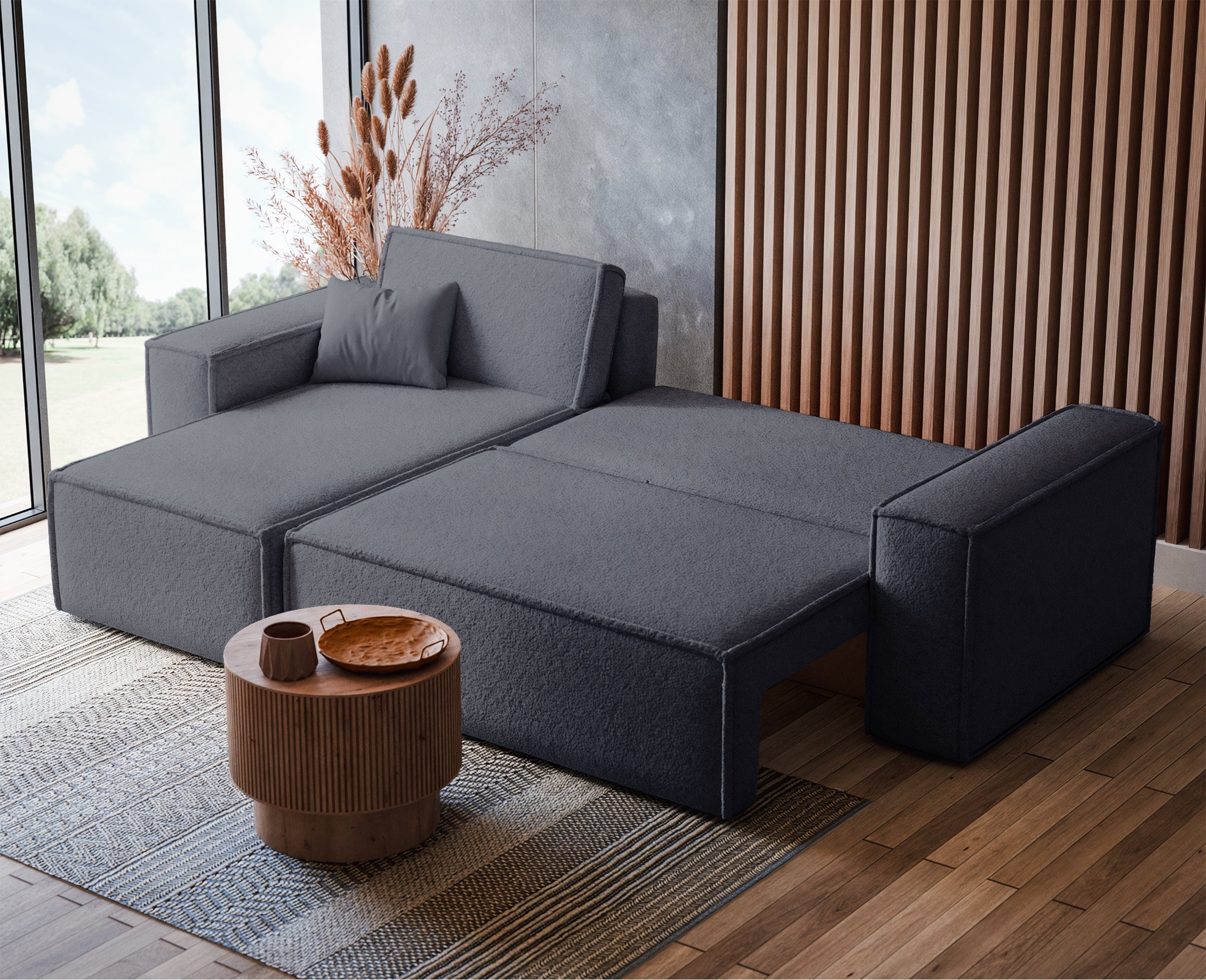 Ecksofa mit Schlaffunktion Scarlo, universell L-förmig, mit Stauraum, dunkelgrauer Bouclé-Stoff