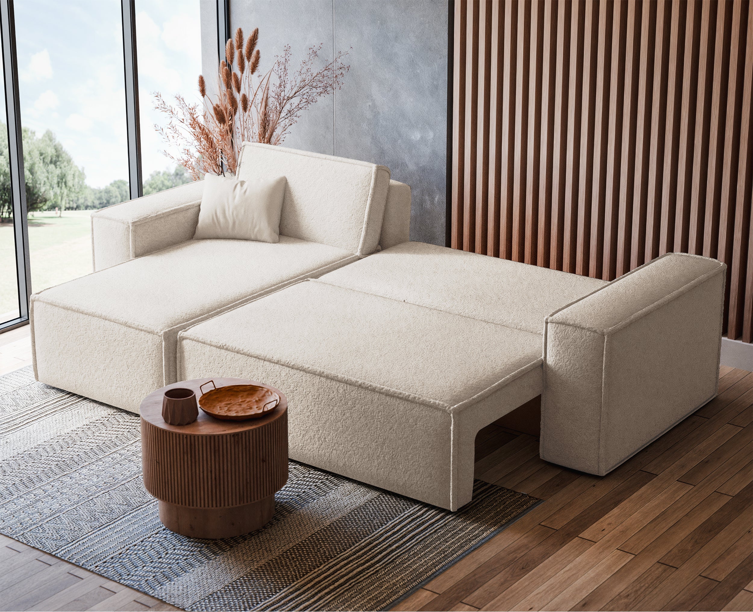 Ecksofa mit Schlaffunktion Scarlo, L-förmig, universell, mit Stauraum, cremefarbenes Bouclé