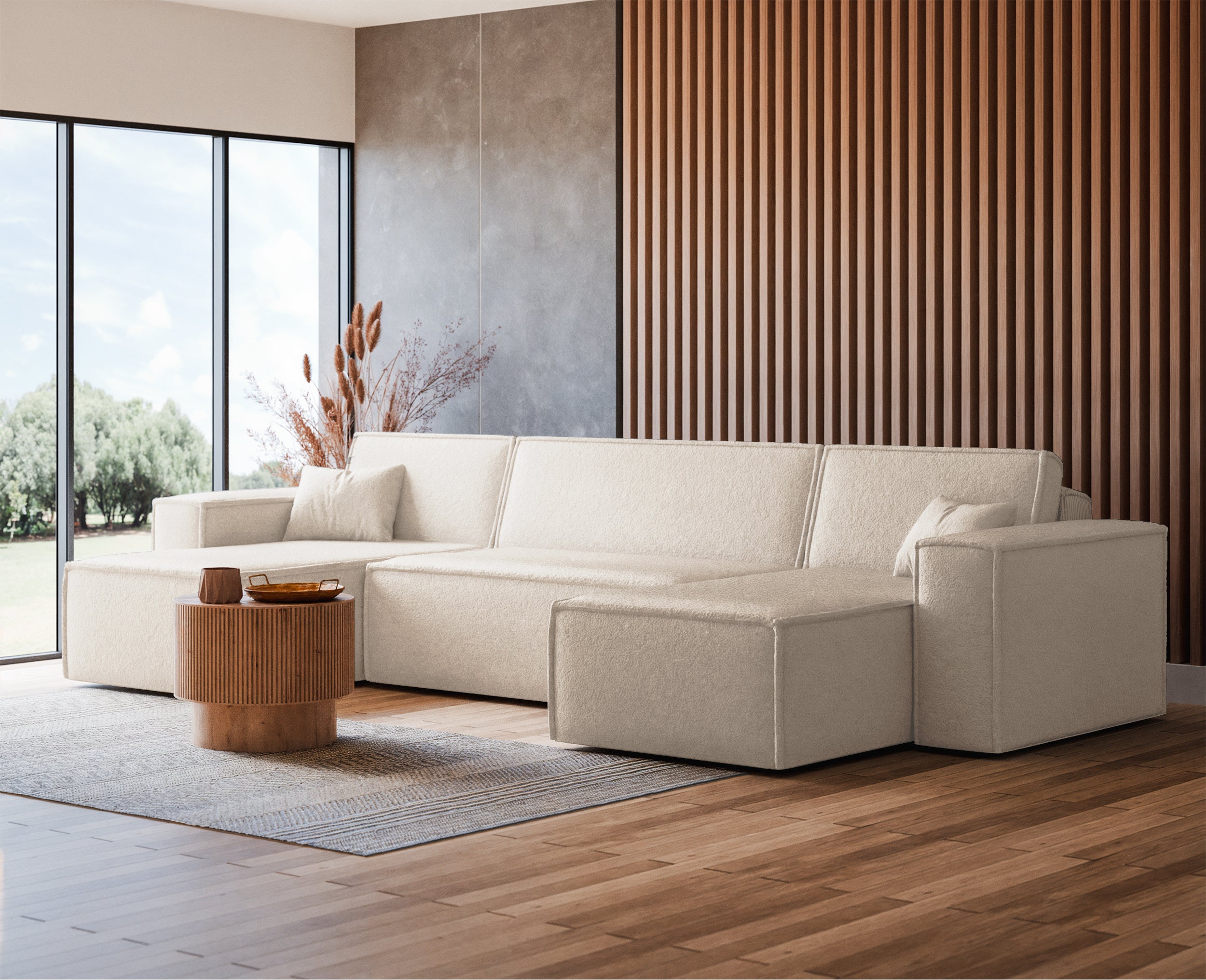U-förmiges Ecksofa Scarlo mit Schlaffunktion, universell, mit Stauraum, cremefarbenes Bouclé