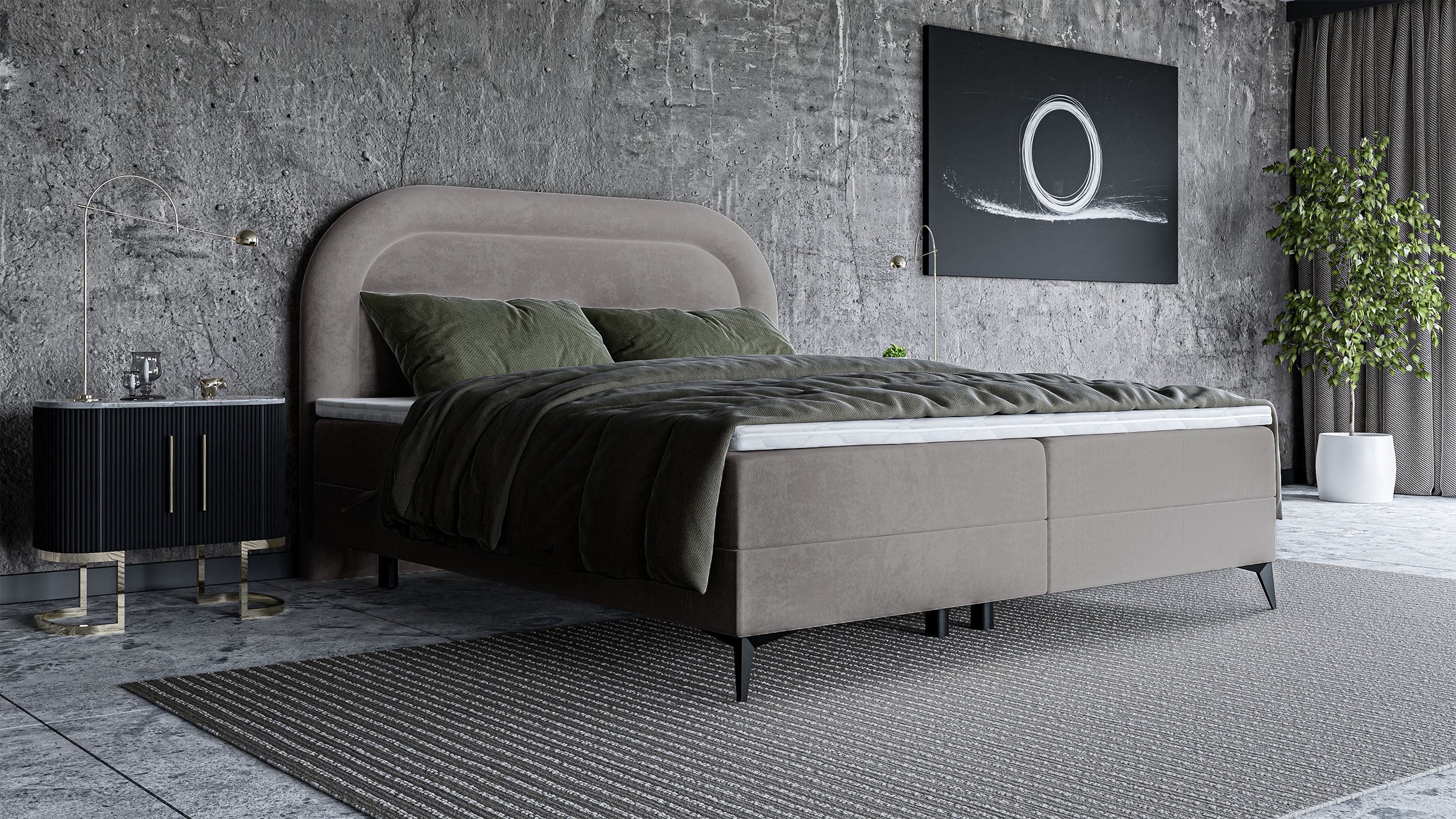 Kontinentales Bett 180x200 cm Loreo mit Topper und Stauraum, grau-beiges Samt