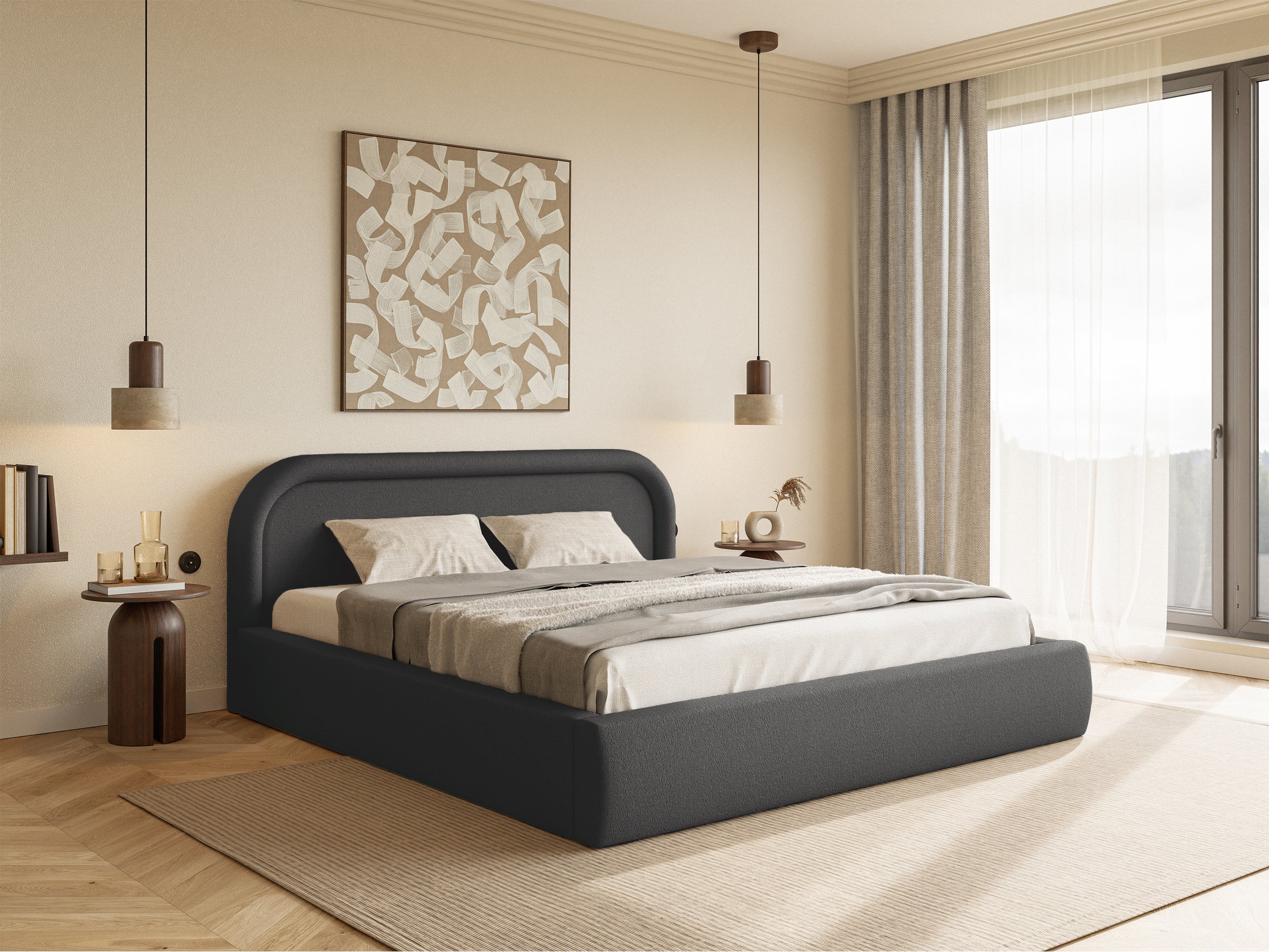 Gepolstertes Bett 160x200 cm Ruvi mit Stauraum, graphitfarbener Chenillestoff