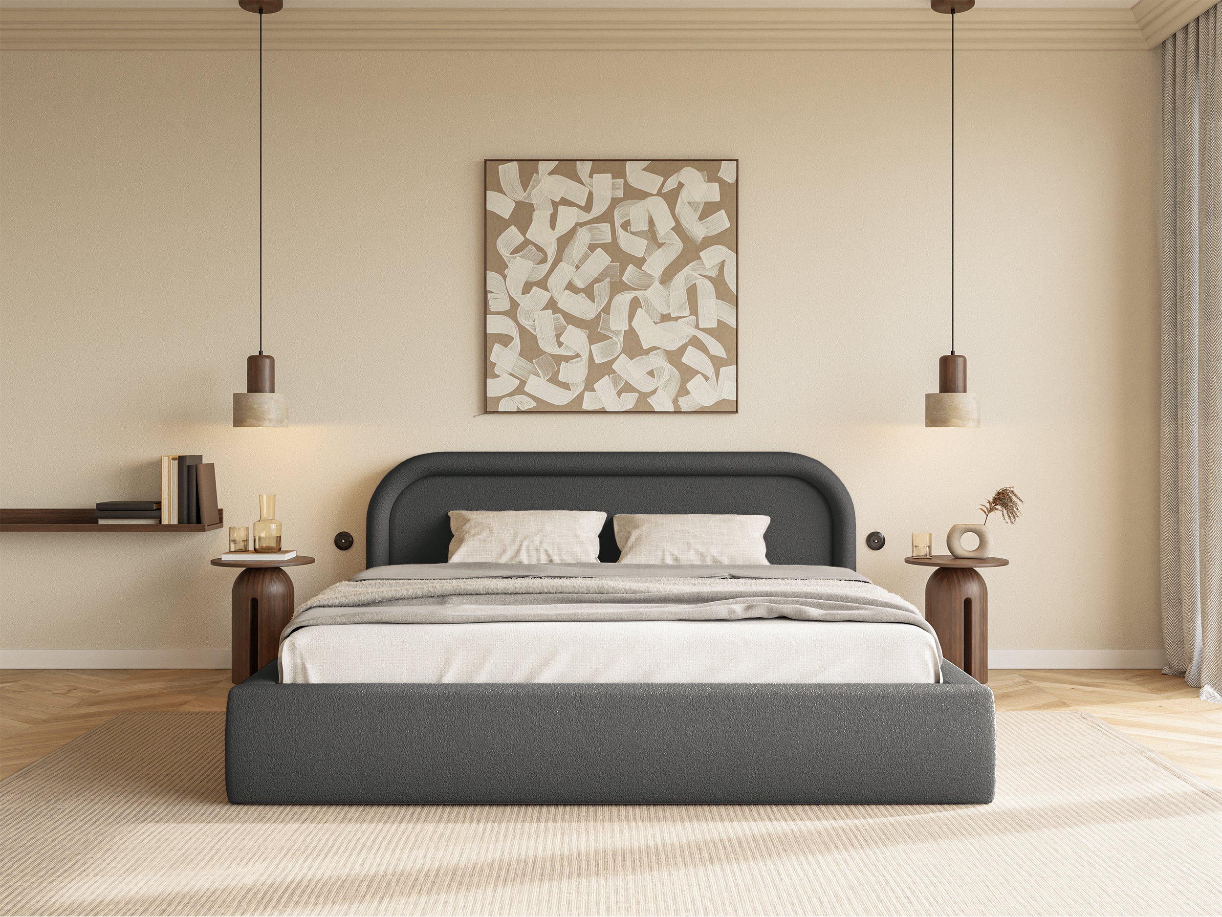 Gepolstertes Bett 160x200 cm Ruvi mit Stauraum, graphitfarbener Chenillestoff