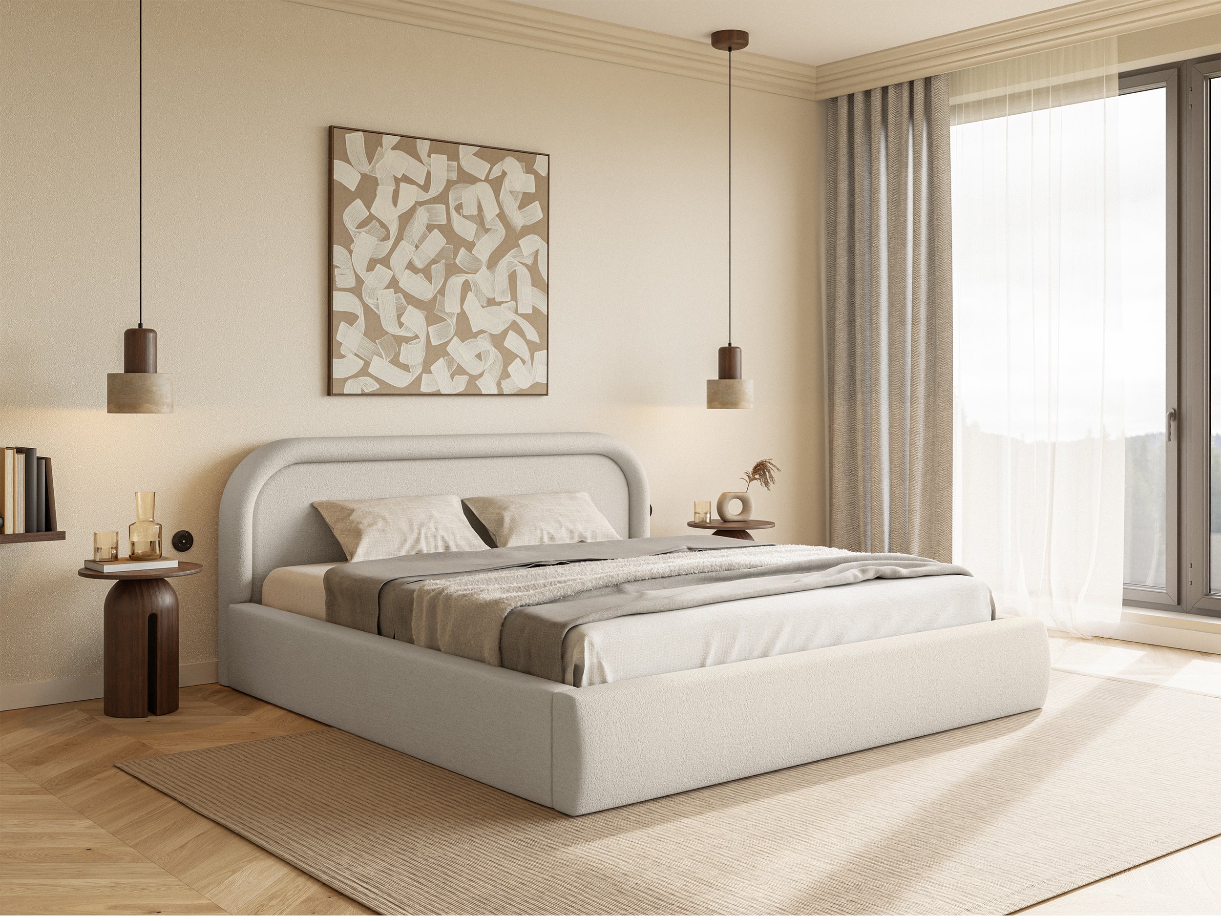 Polsterbett 140x200 cm Ruvi mit Stauraum, grau-beige Chenille