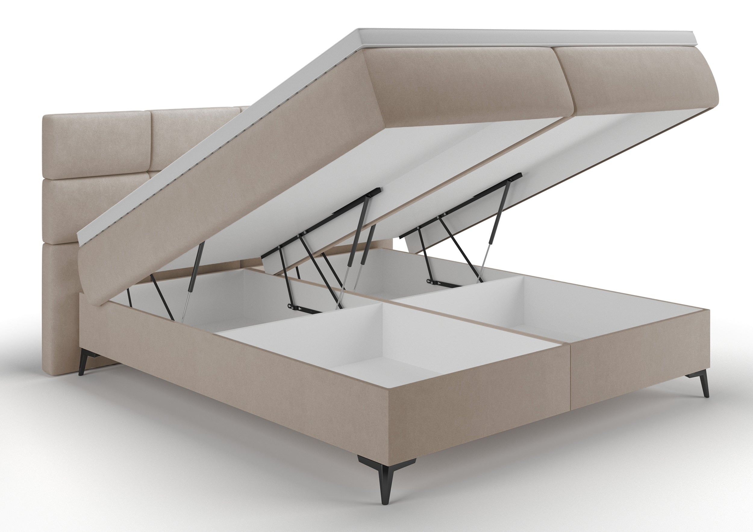 Kontinentales Bett 140x200 cm Rektango mit Stauraum und Topper, beiger Samt