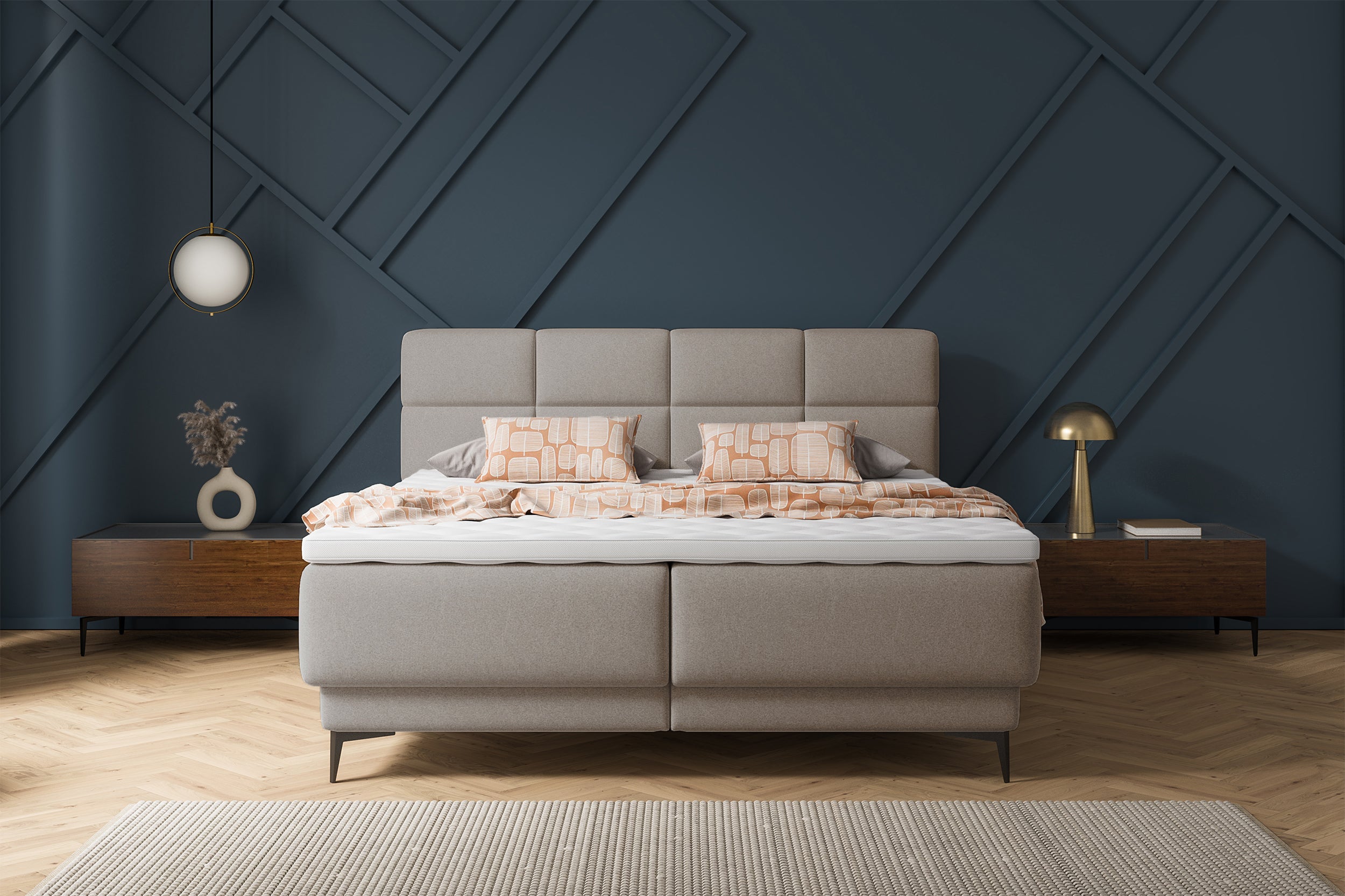 Kontinentales Bett 160x200 cm Rektango mit Stauraum und Topper, beiger Samt