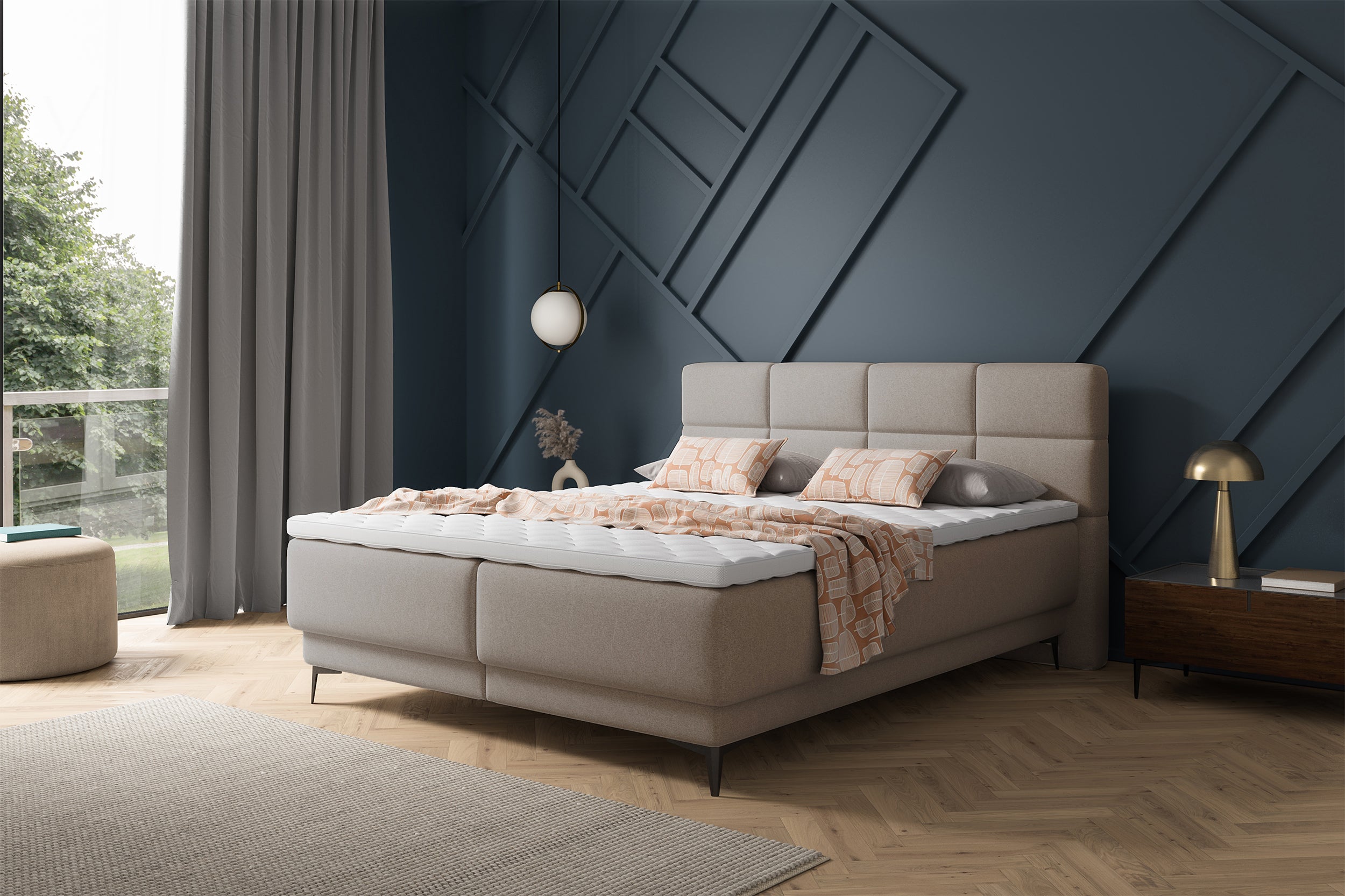 Kontinentales Bett 140x200 cm Rektango mit Stauraum und Topper, beiger Samt