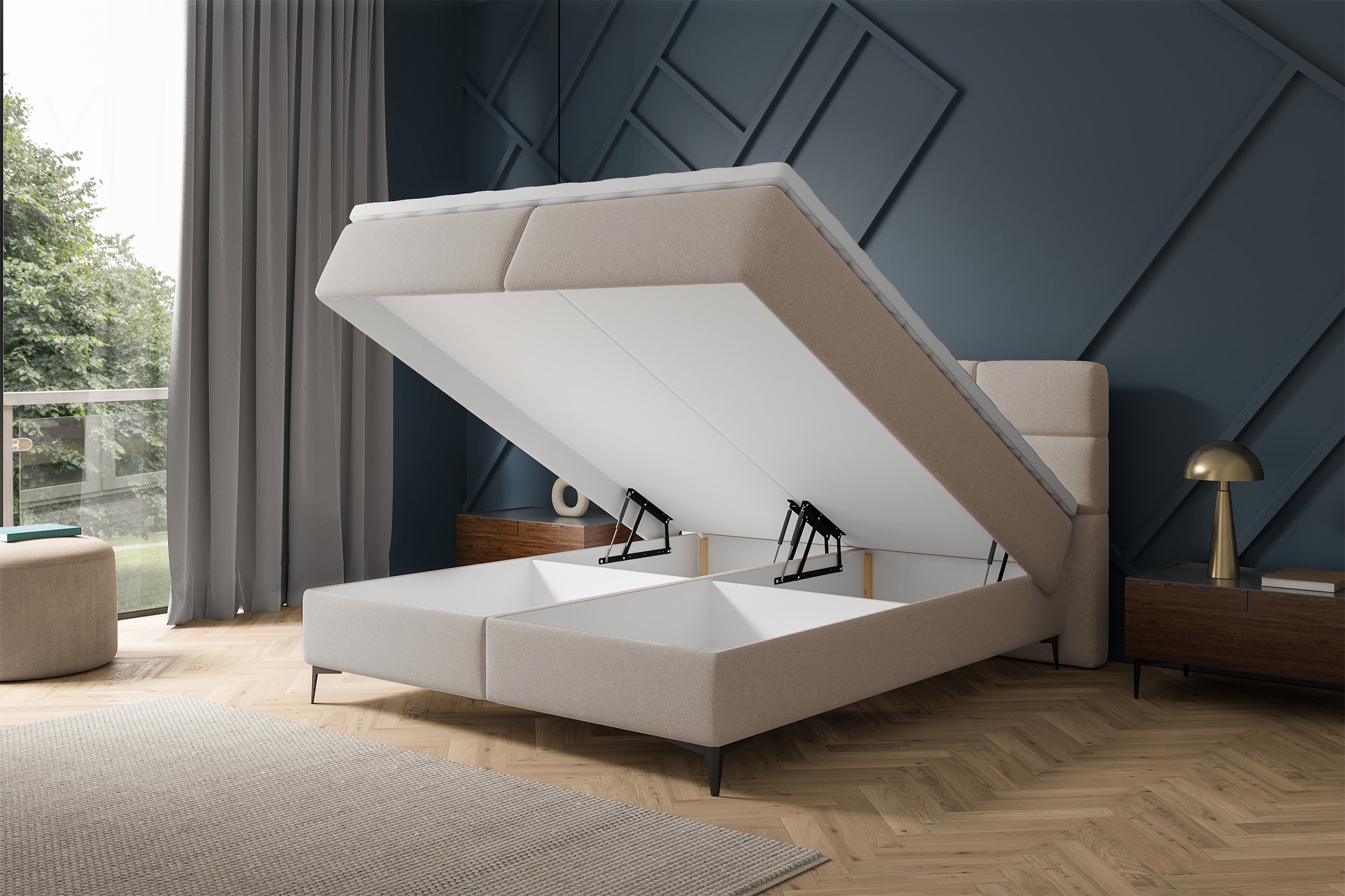 Kontinentales Bett 140x200 cm Rektango mit Stauraum und Topper, beiger Samt