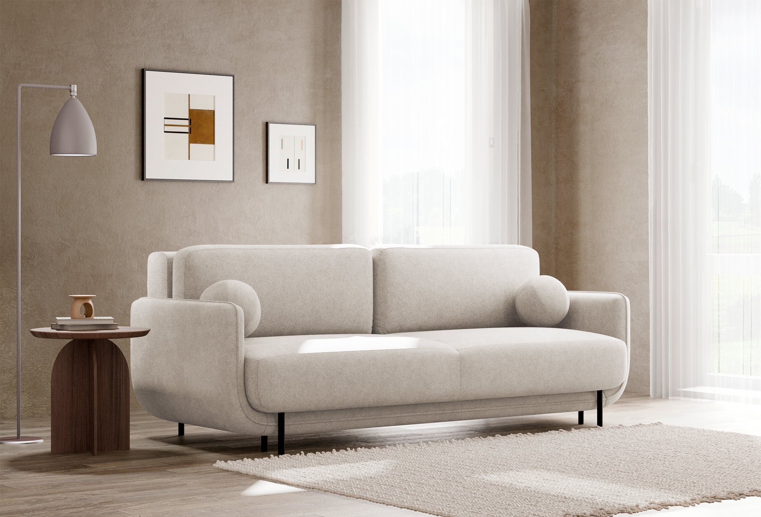 Dreisitziges ausklappbares Sofa Ovals in hellbeigem Flechtmuster