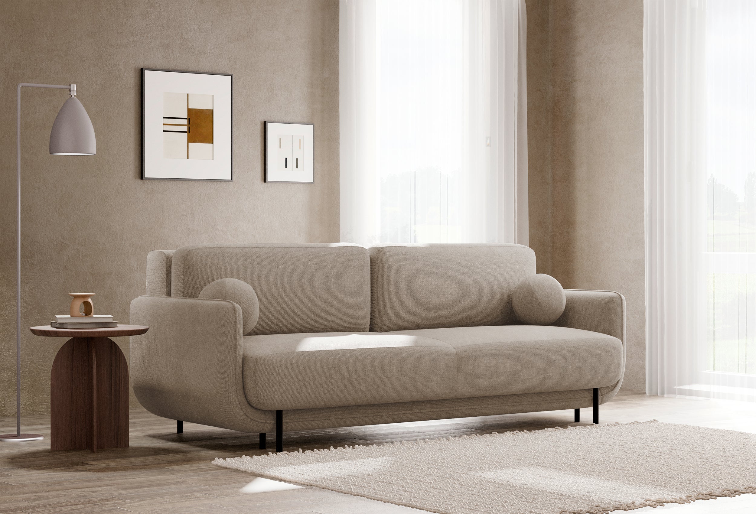 Ausziehbare Dreisitzer-Couch Ovals in Beige, Flechtoptik