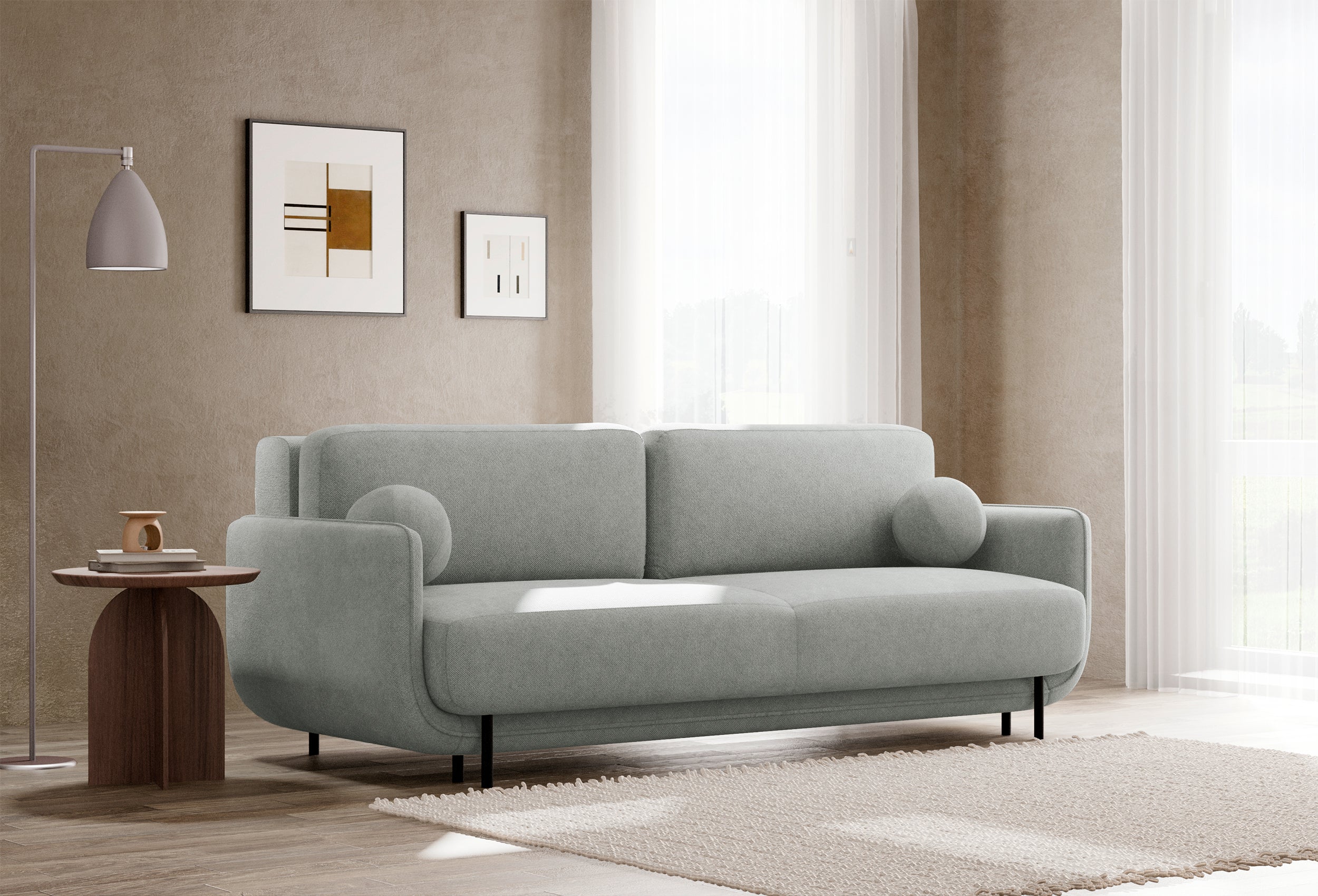 Dreisitziges ausklappbares Sofa Ovals in Hellgrau mit Flechtmuster