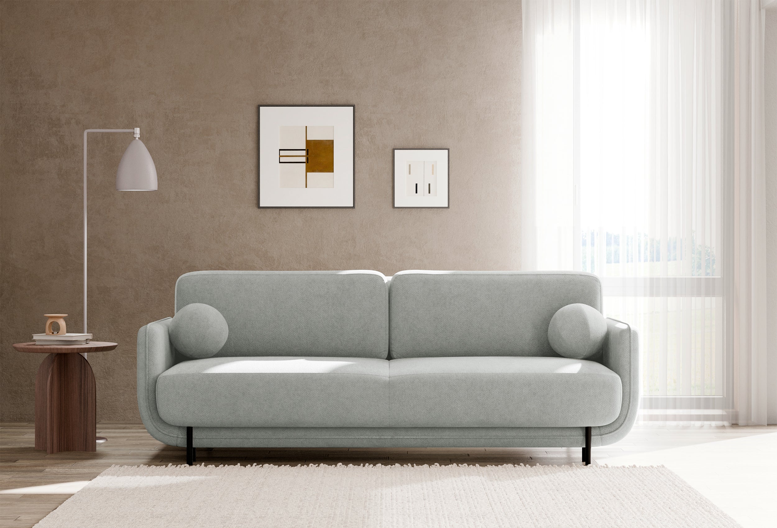 Dreisitziges ausklappbares Sofa Ovals in Hellgrau mit Flechtmuster