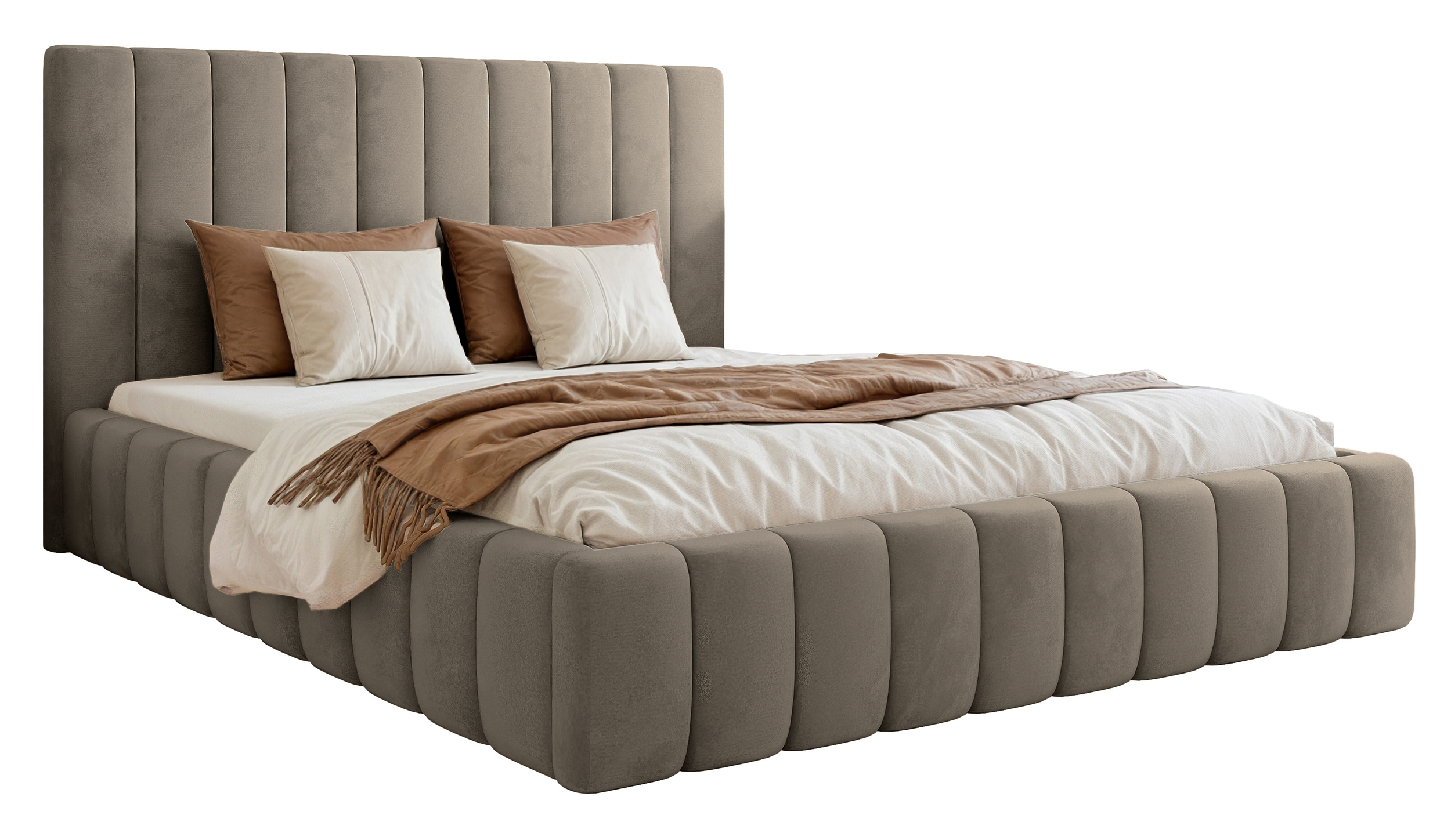 Gepolstertes Bett 140x200 cm Fiarro mit Bettkasten, grau-beiger Samt, Metallrahmen
