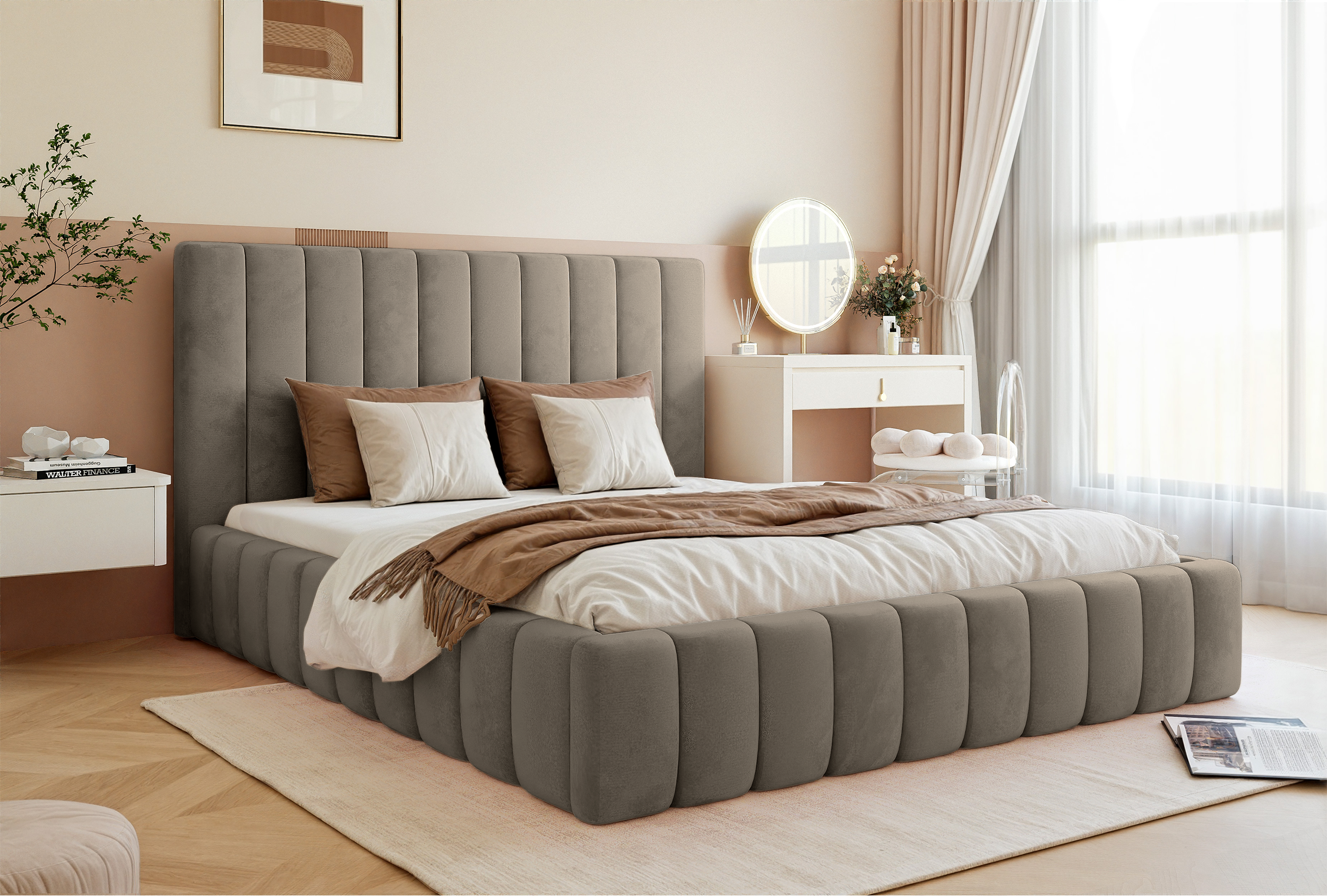 Gepolstertes Bett 140x200 cm Fiarro mit Bettkasten, grau-beiger Samt, Metallrahmen