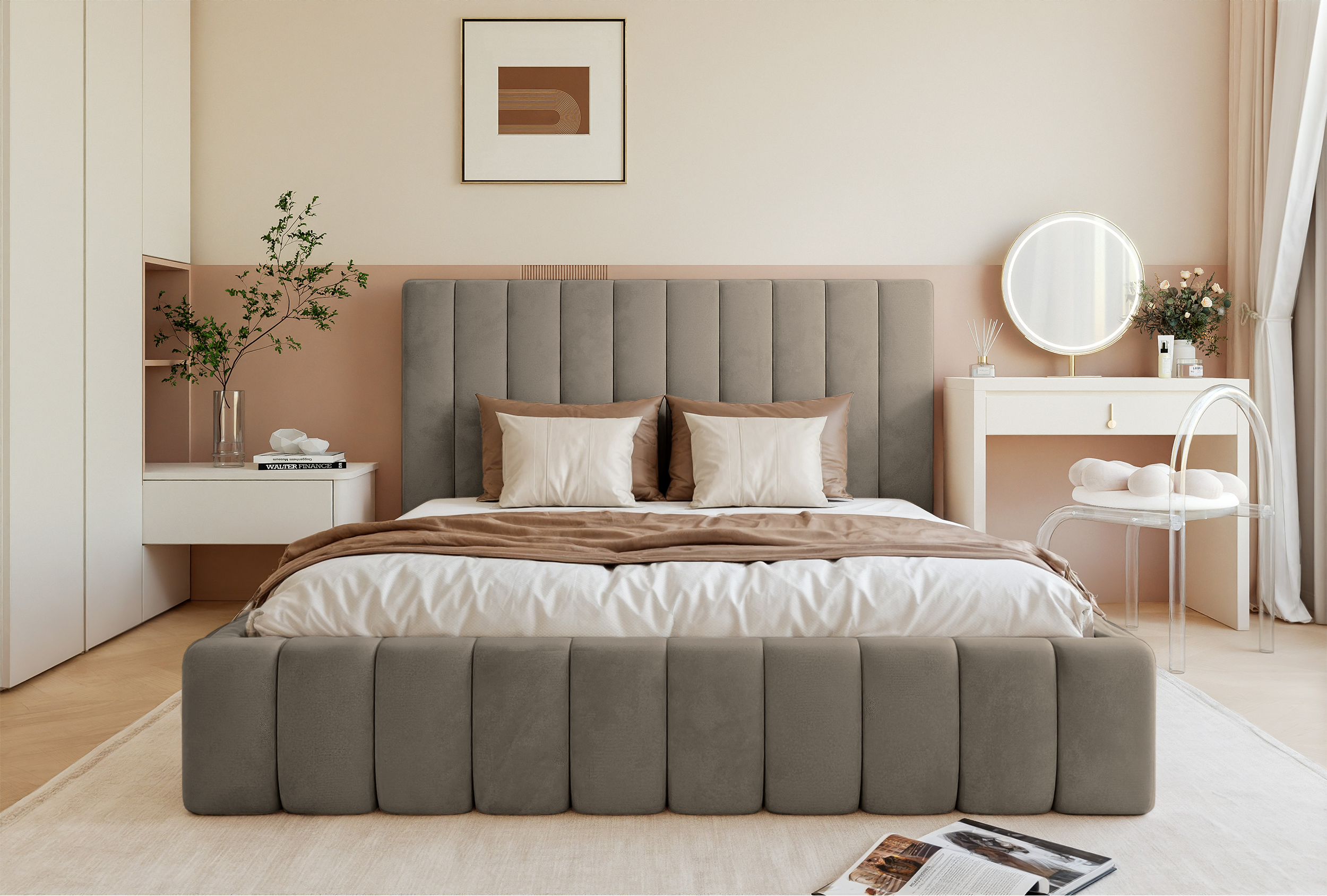 Gepolstertes Bett 140x200 cm Fiarro mit Bettkasten, grau-beiger Samt, Metallrahmen