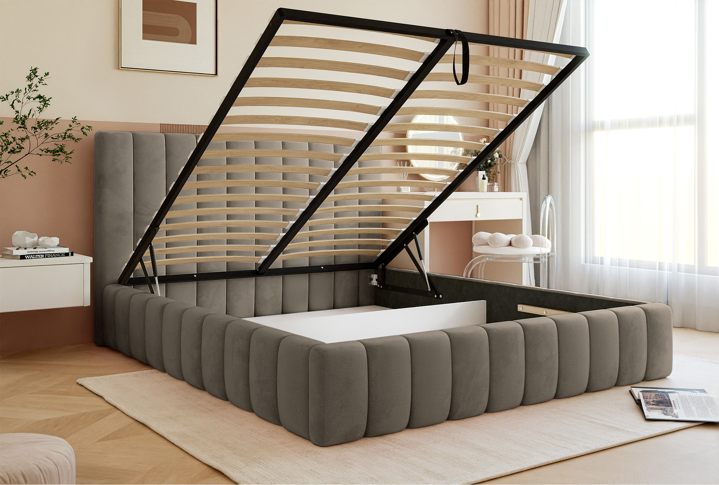 Gepolstertes Bett 140x200 cm Fiarro mit Bettkasten, grau-beiger Samt, Metallrahmen