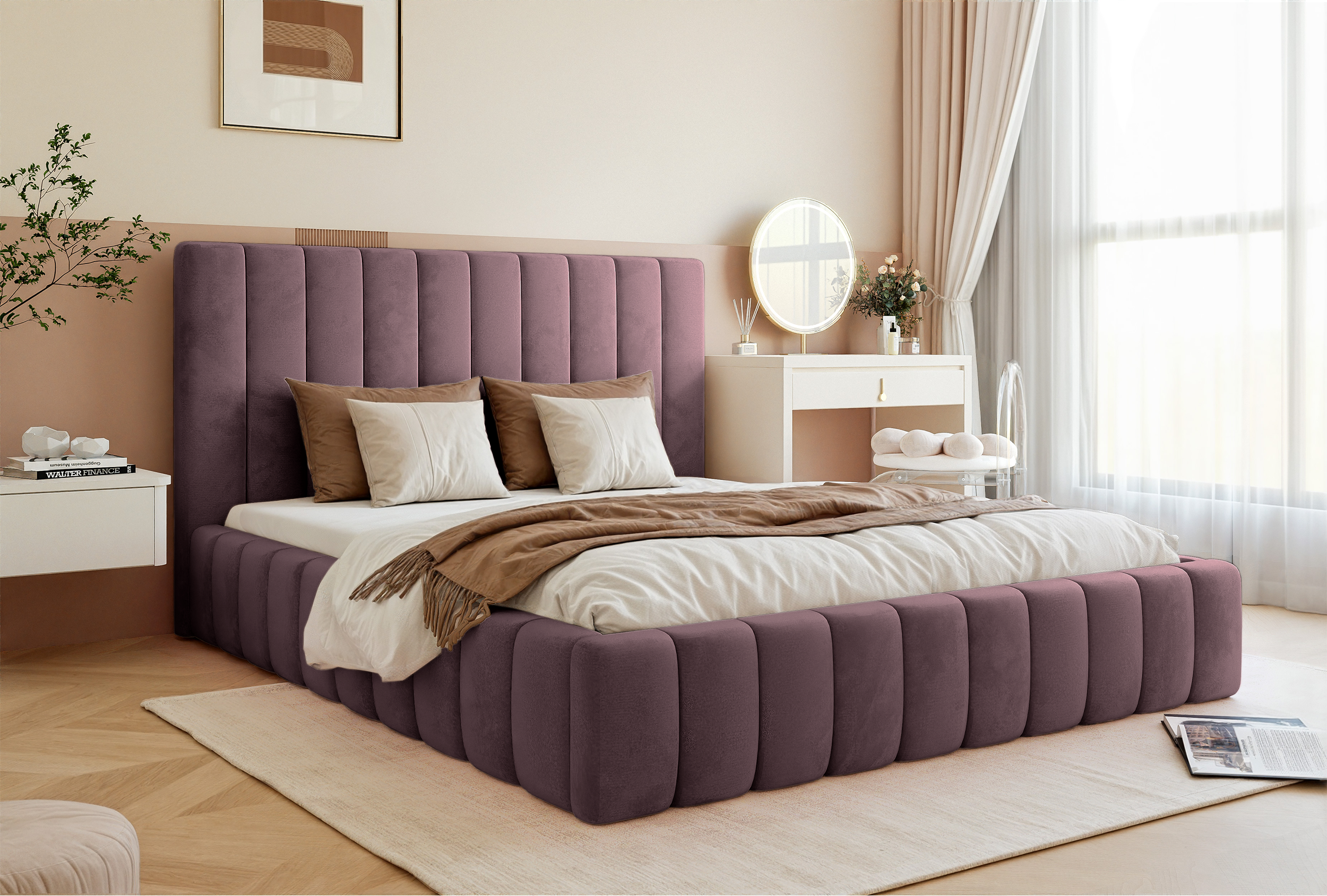 Polsterbett 140x200 cm Fiarro mit Bettkasten, violetter Samt, Metallrahmen