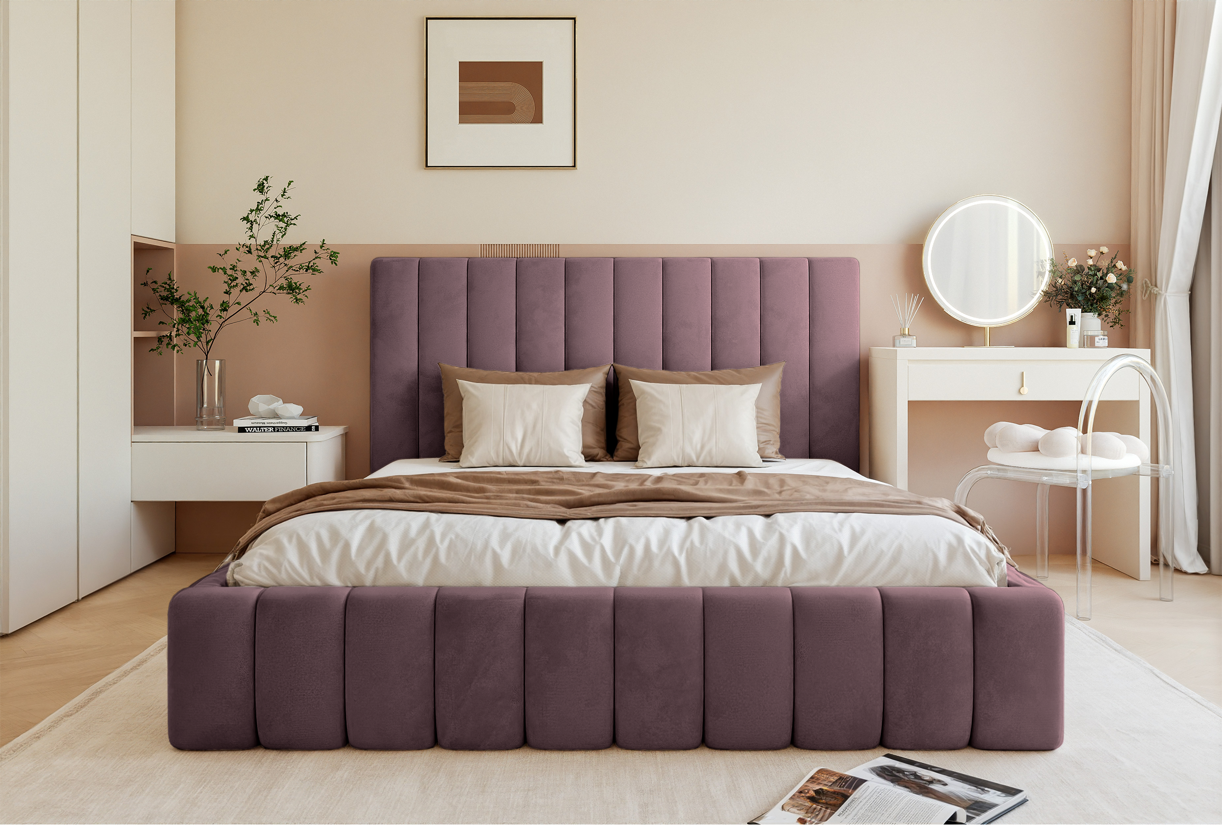 Polsterbett 180x200 cm Fiarro mit Bettkasten, violetter Samt, Metallrahmen