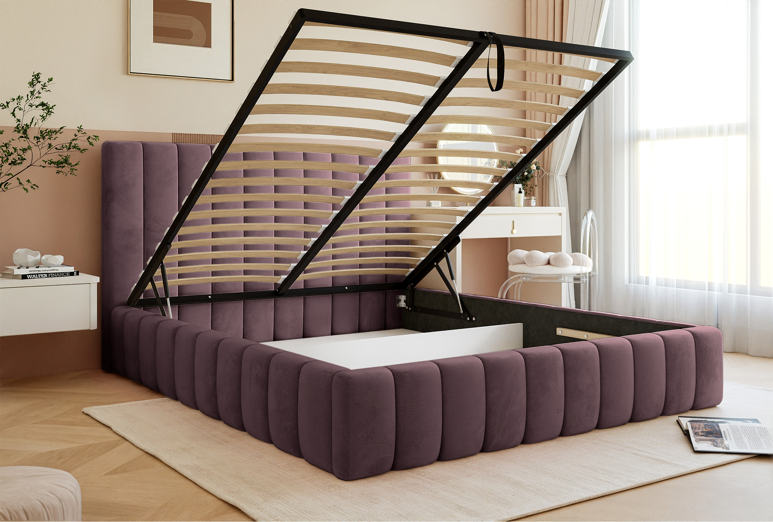 Polsterbett 180x200 cm Fiarro mit Bettkasten, violetter Samt, Metallrahmen
