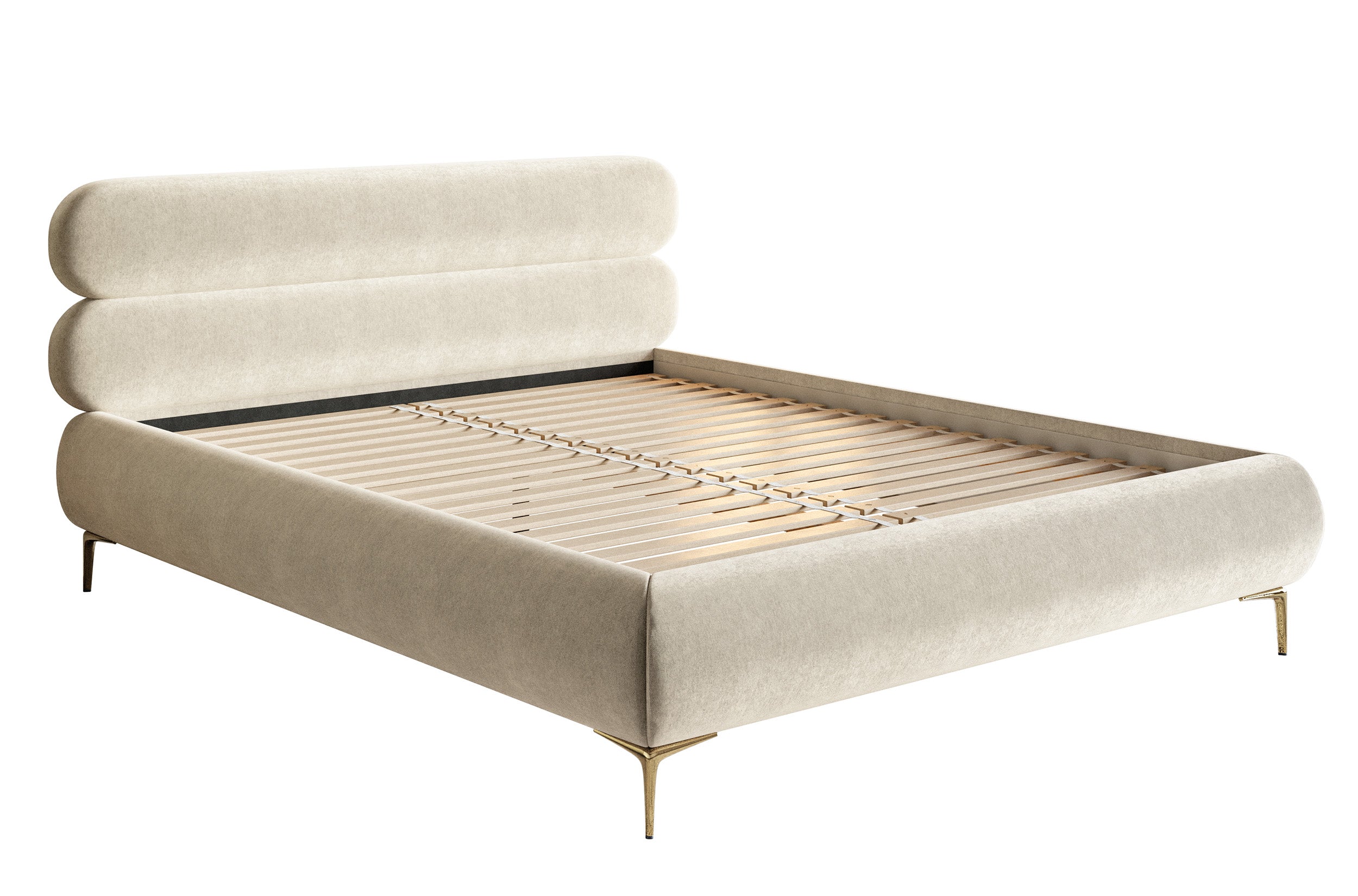 Polsterbett 140x200 cm Roule, cremefarbener Velours, wasserabweisend, goldene Beine