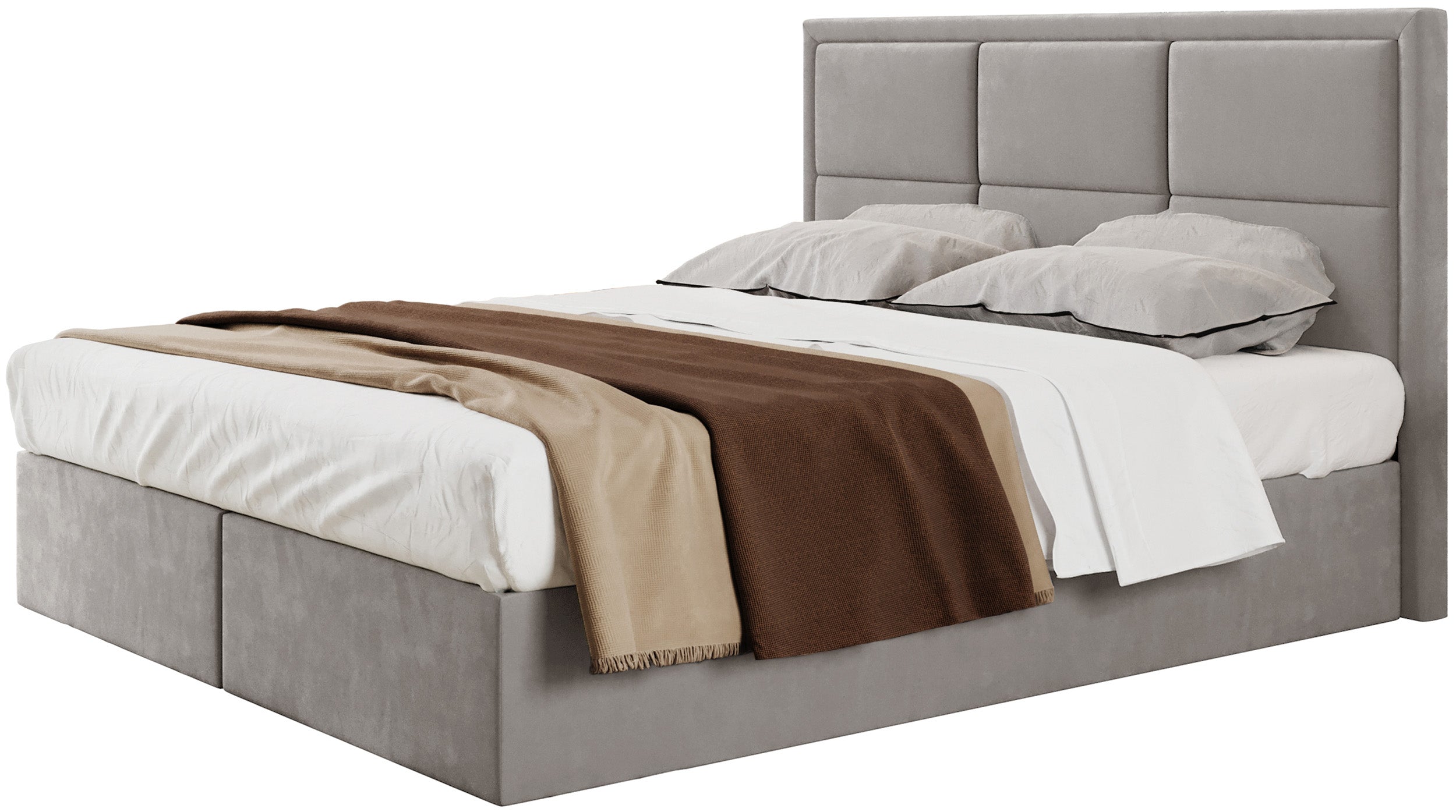 Kontinentales Bett 140x200 cm Rommano mit Bonellfederkernmatratze und Topper, grau-beiges Samtvelours