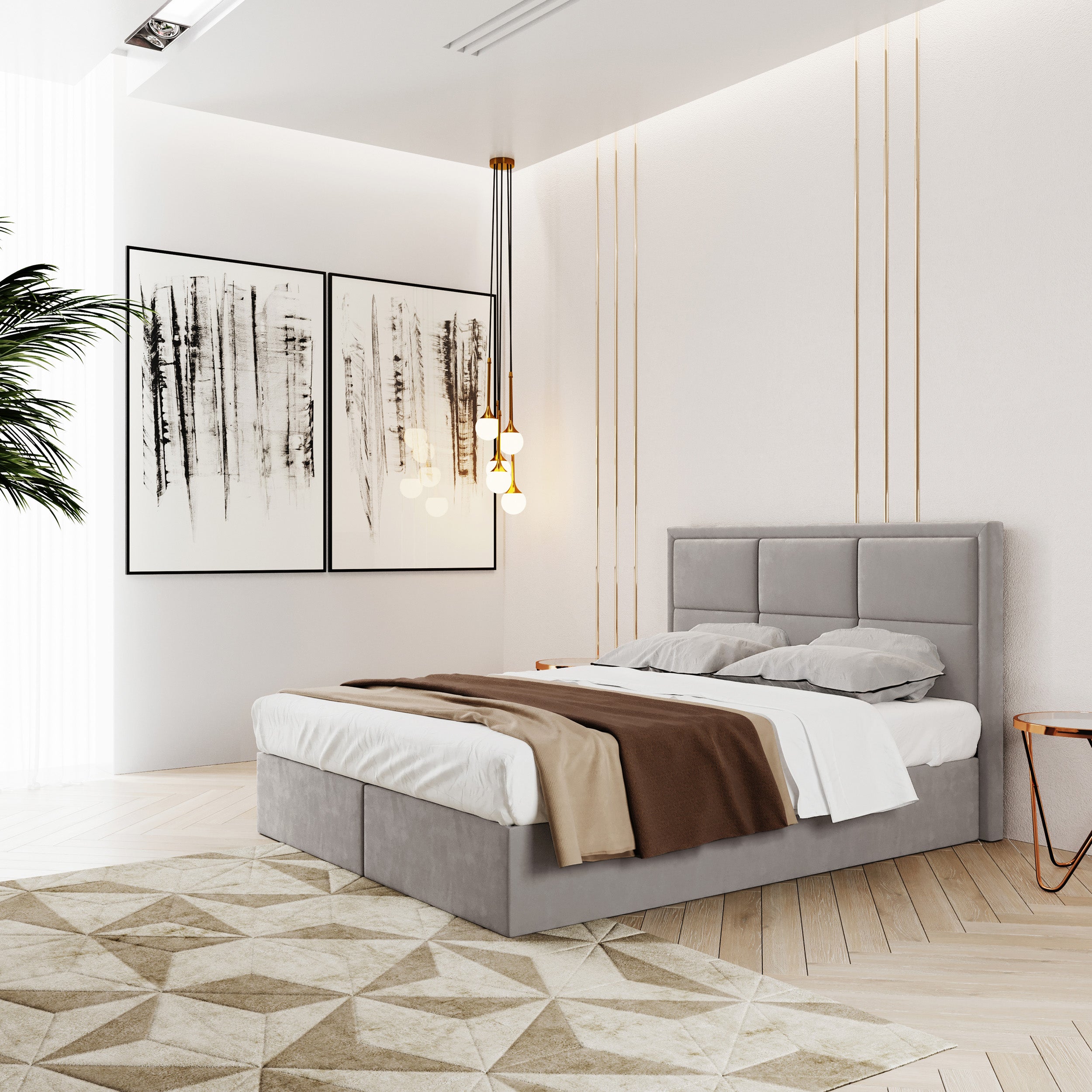 Kontinentales Bett 140x200 cm Rommano mit Bonellfederkernmatratze und Topper, grau-beiges Samtvelours