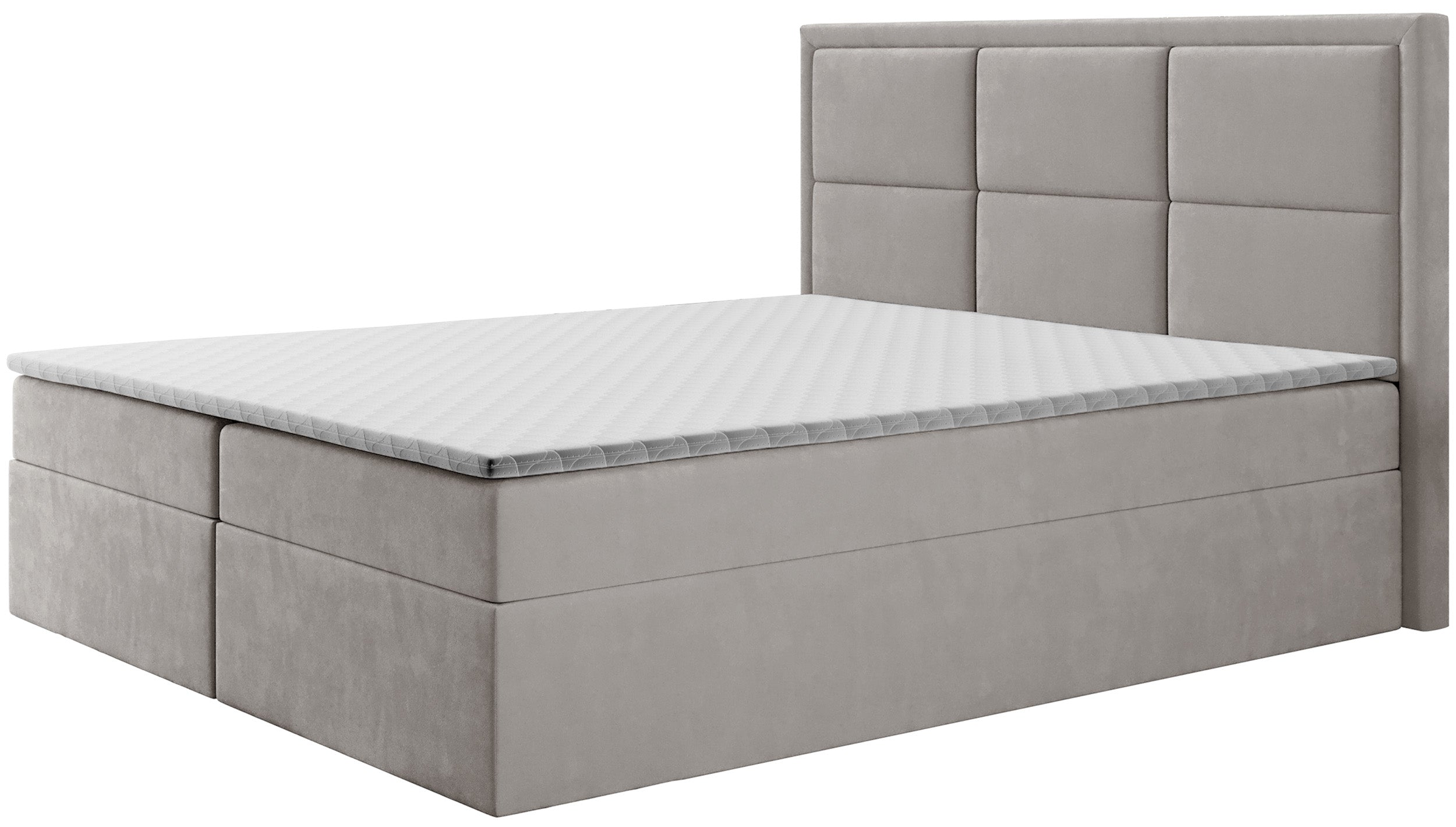 Kontinentales Bett 140x200 cm Rommano mit Bonellfederkernmatratze und Topper, grau-beiges Samtvelours