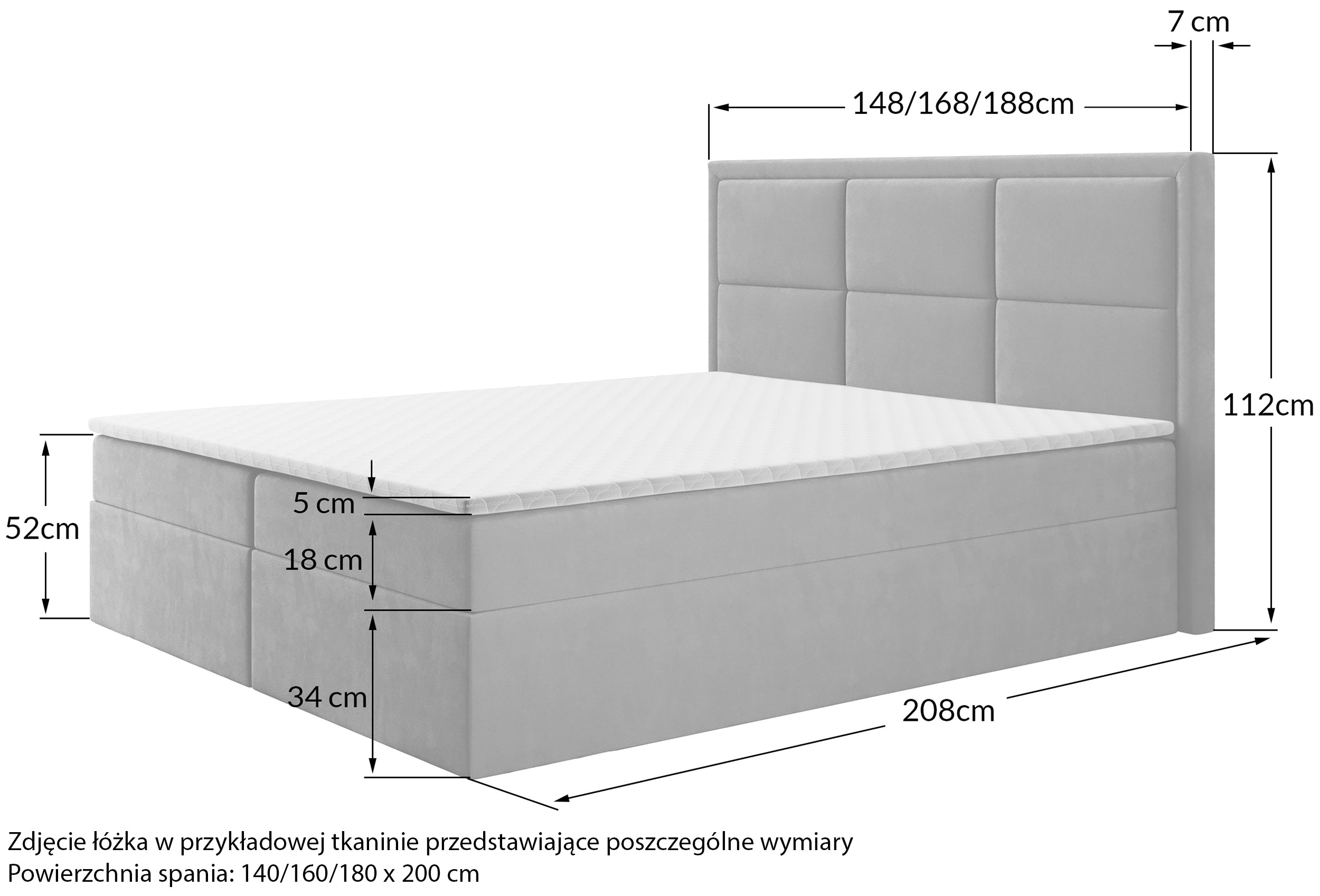 Kontinentales Bett 140x200 cm Rommano mit Bonellfederkernmatratze und Topper, grau-beiges Samtvelours