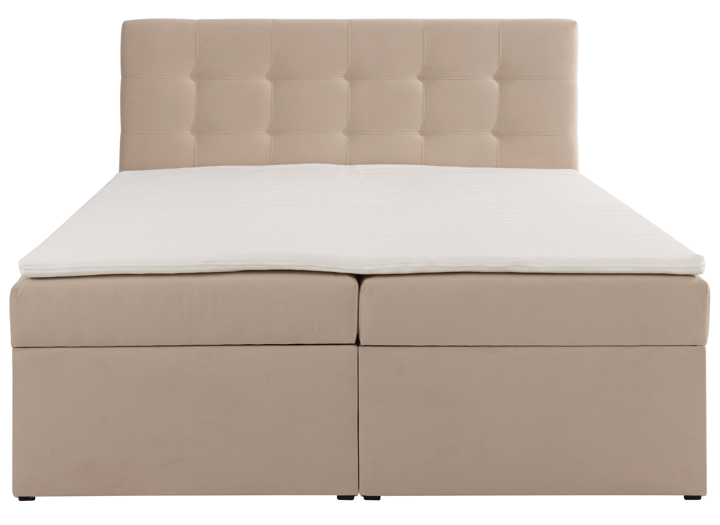 Kontinentales Bett 180x200 cm Ronneo mit Stauraum und Topper, hellbeiger Samt