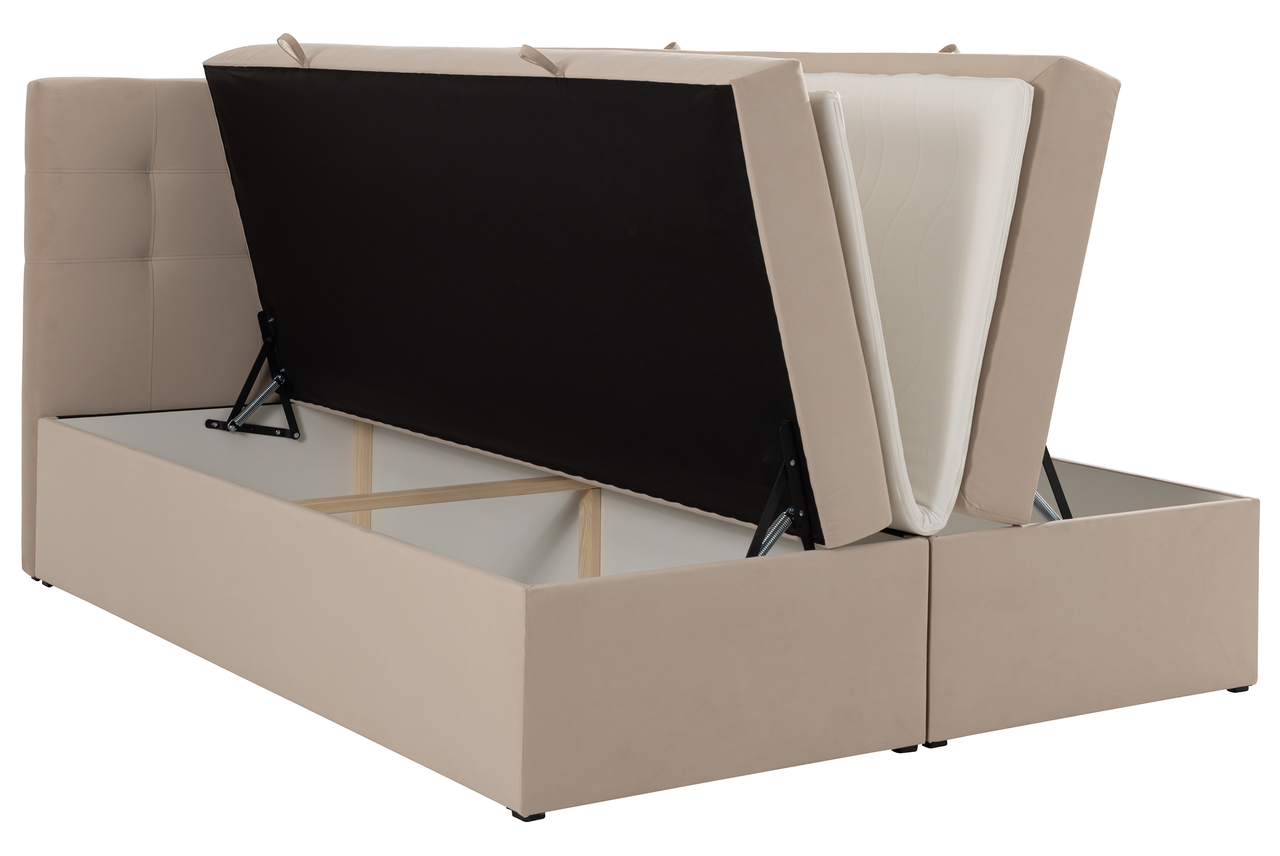 Kontinentales Bett 160x200 cm Ronneo mit Stauraum und Topper, hellbeiger Samt