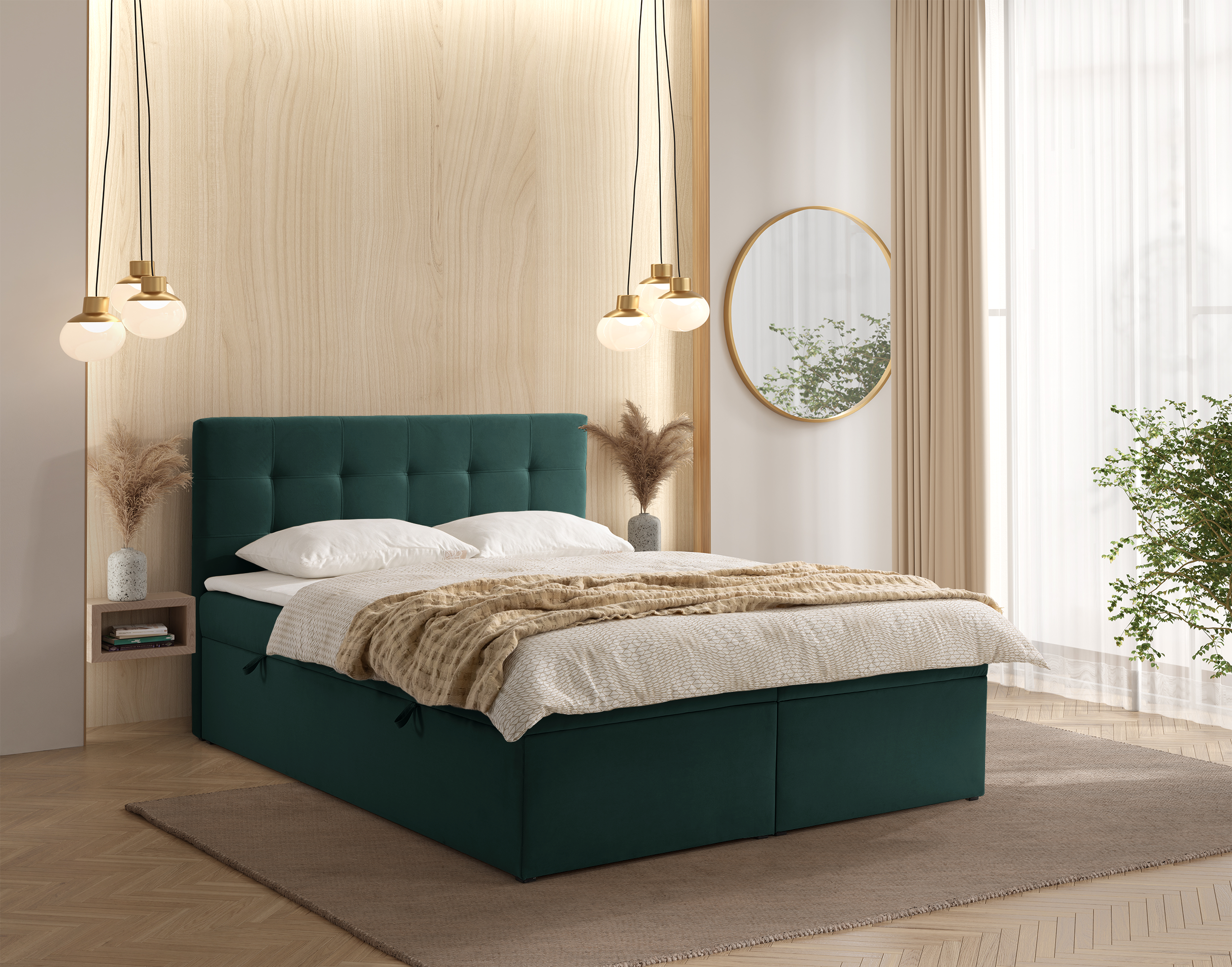 Kontinentales Bett 160x200 cm Ronneo mit Stauraum und Topper, grüner Samt