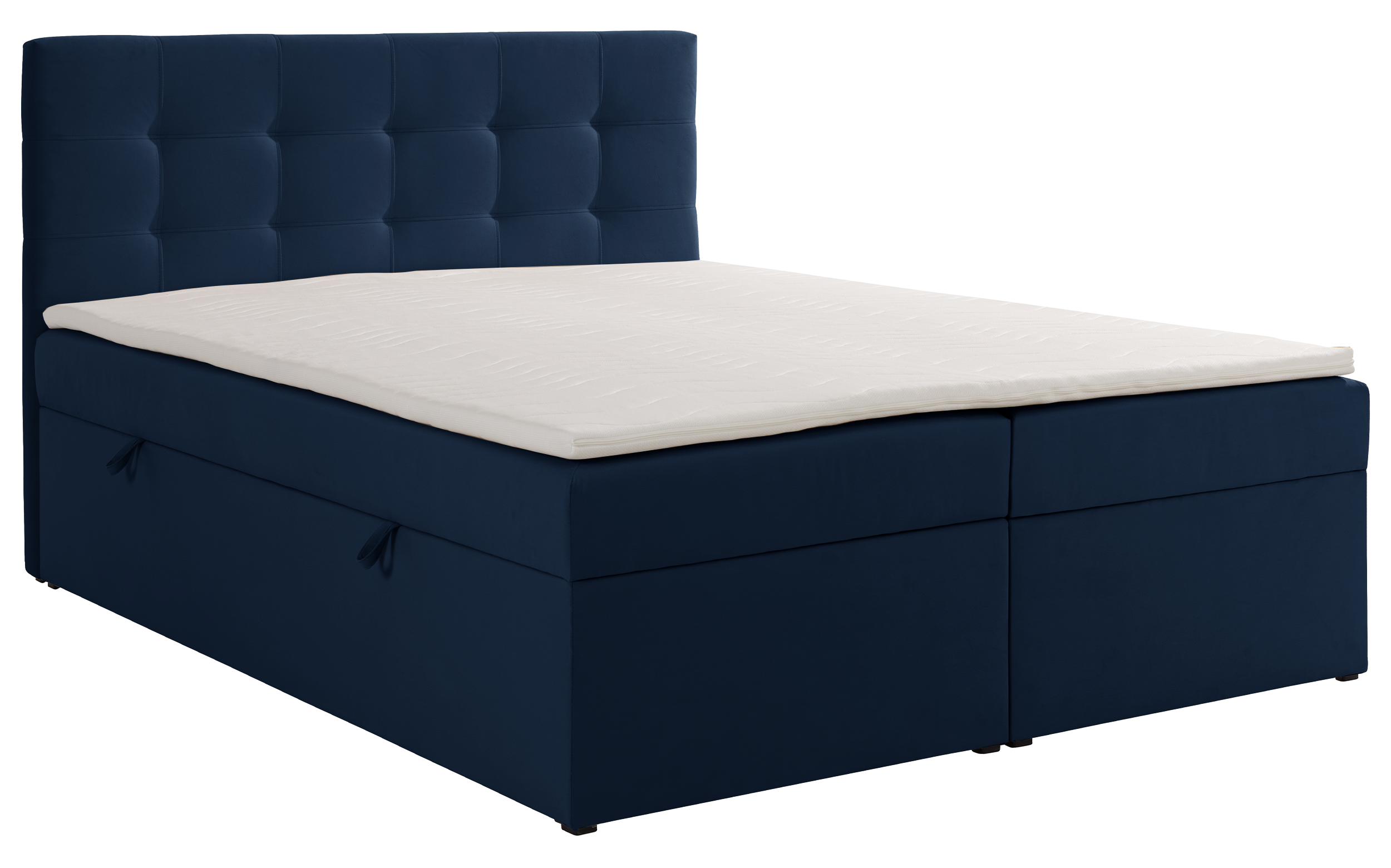 Kontinentales Bett 180x200 cm Ronneo mit Stauraum und Topper, dunkelblauer Samt