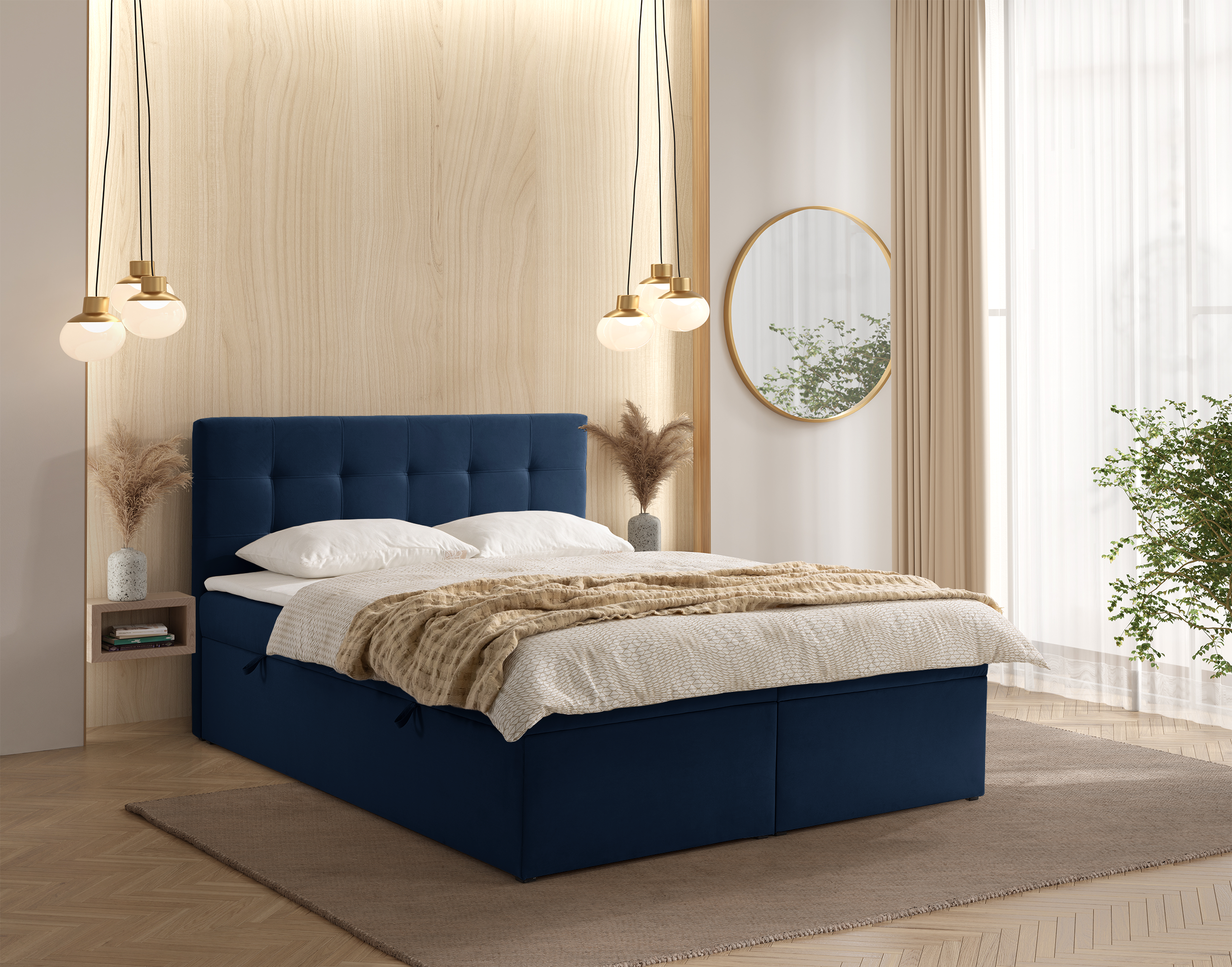 Kontinentales Bett 180x200 cm Ronneo mit Stauraum und Topper, dunkelblauer Samt