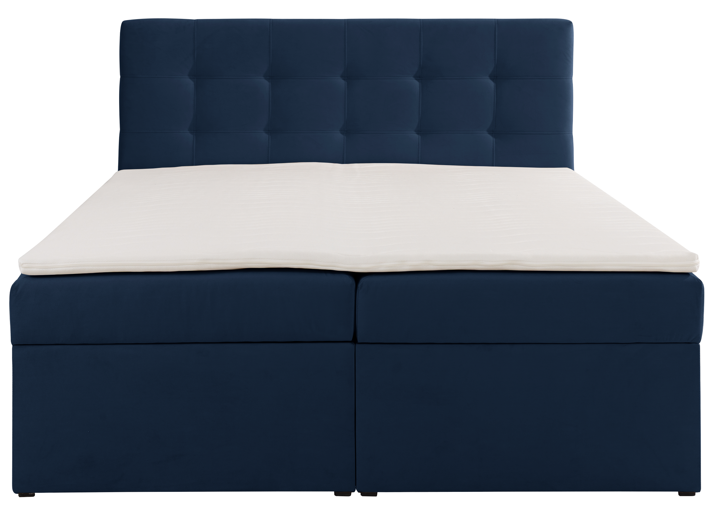 Kontinentales Bett 180x200 cm Ronneo mit Stauraum und Topper, dunkelblauer Samt