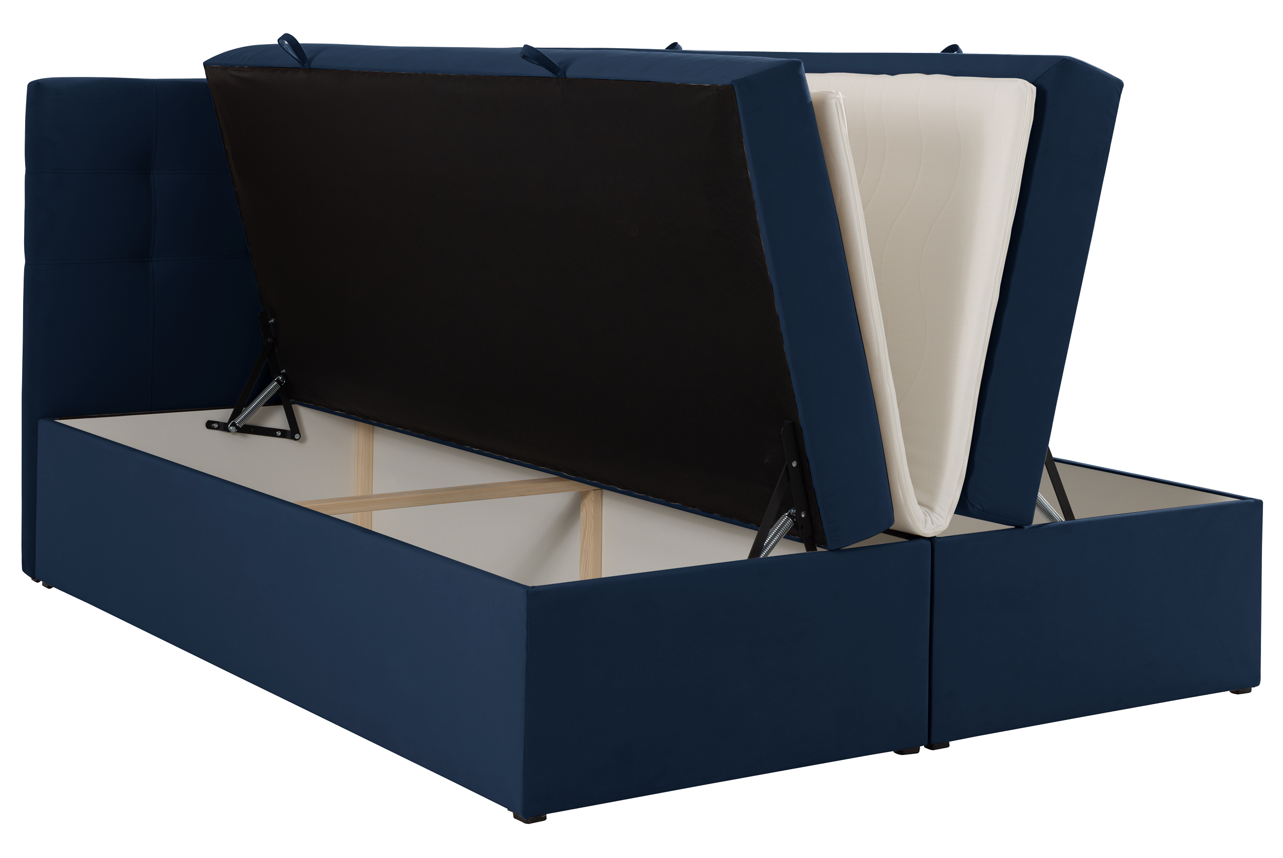 Kontinentales Bett 180x200 cm Ronneo mit Stauraum und Topper, dunkelblauer Samt