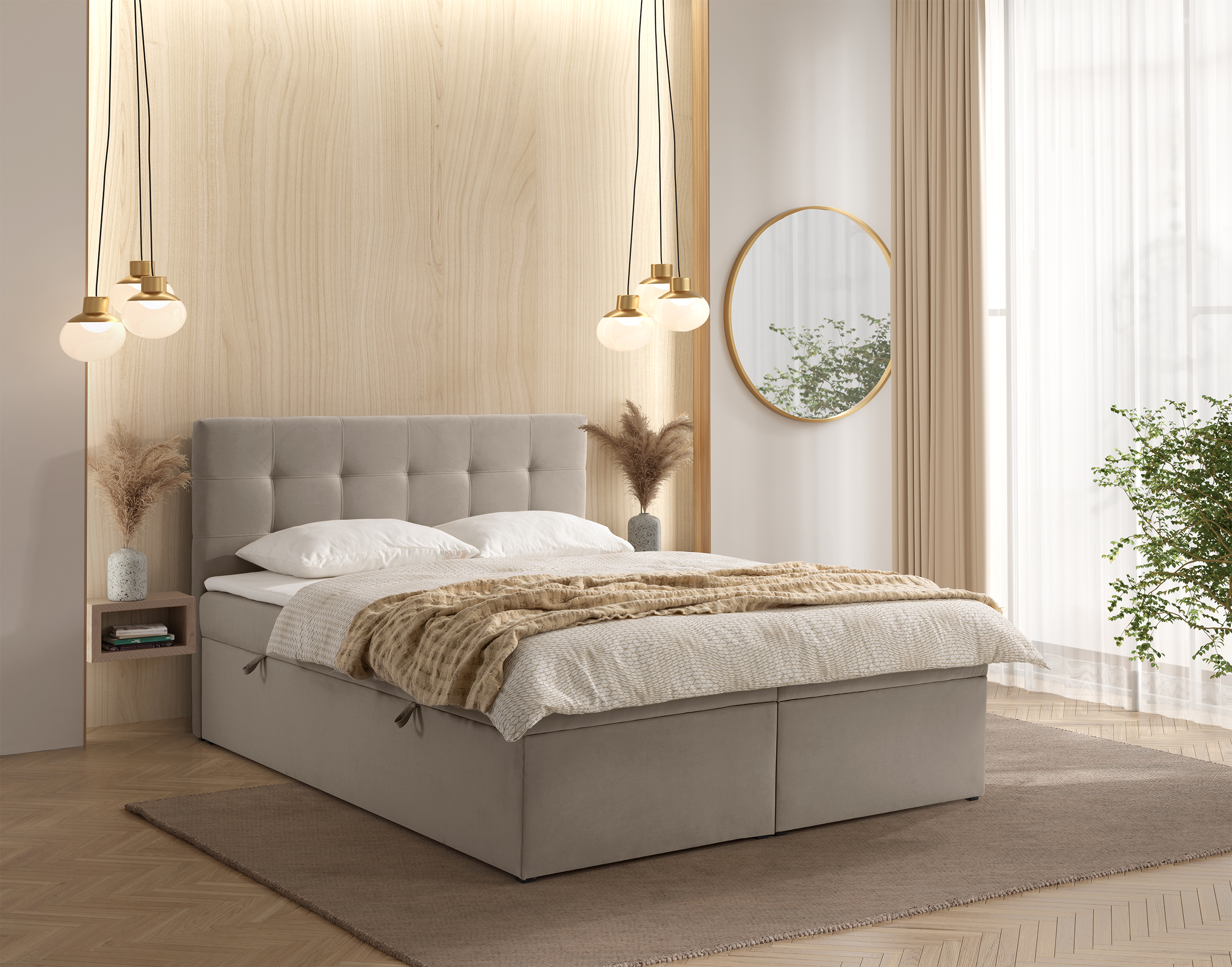 Kontinentalbett 180x200 cm Ronneo mit Stauraum und Topper, grau-beiger Samt