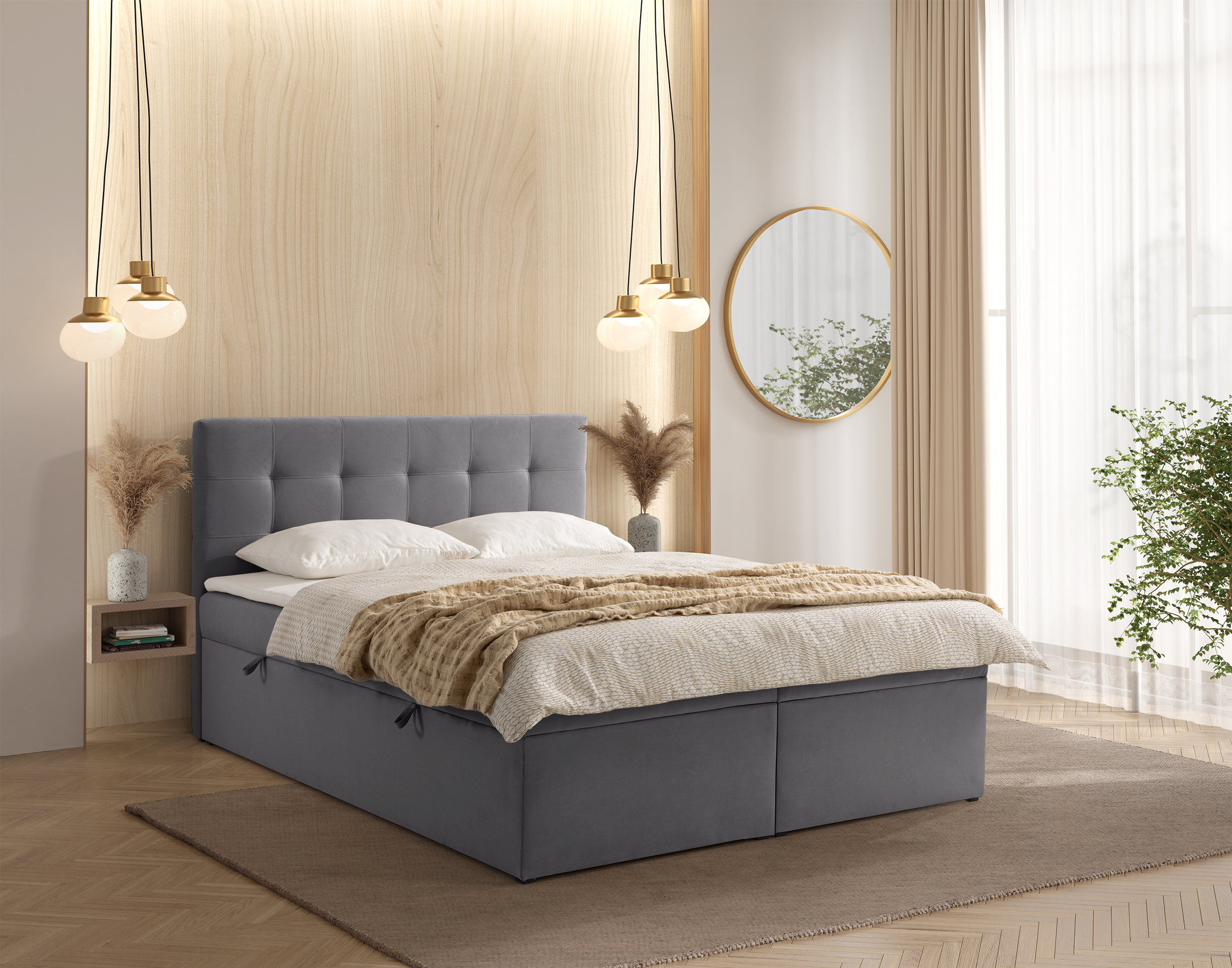 Kontinentalbett 160x200 cm Ronneo mit Stauraum und Topper, aschgrauer Samt